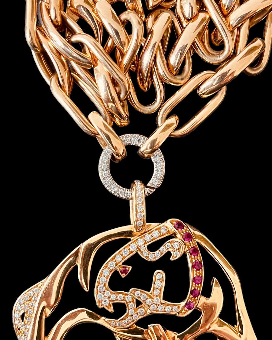 18ct Gold Chain To Suspended Diamond Ring and Diamond & Ruby Jaguar Pendant For Sale 3