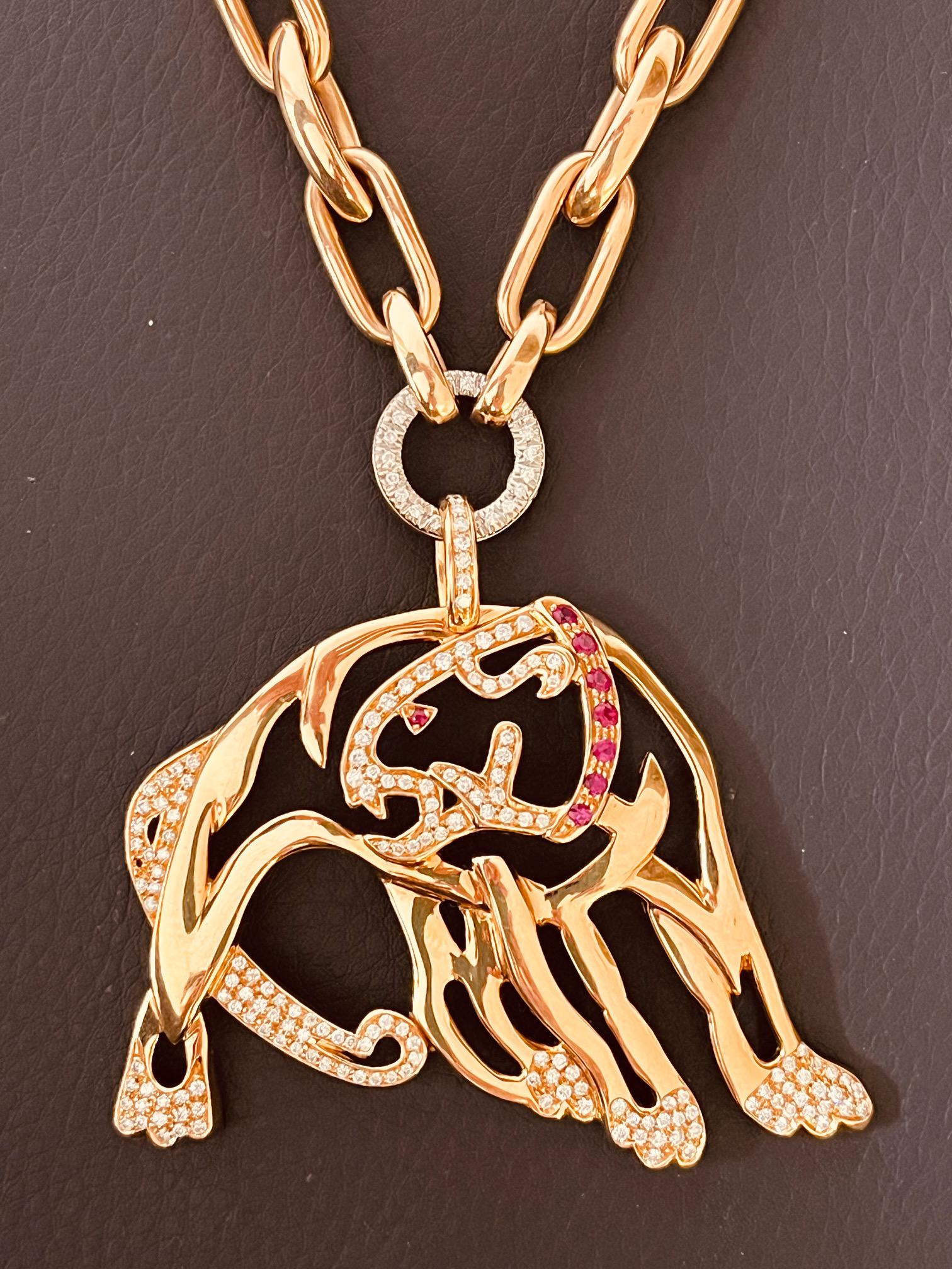 18ct Gold Chain To Suspended Diamond Ring and Diamond & Ruby Jaguar Pendant For Sale 5