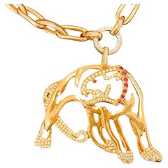 Retro 18ct Gold Chain To Suspended Diamond Ring and Diamond & Ruby Jaguar Pendant