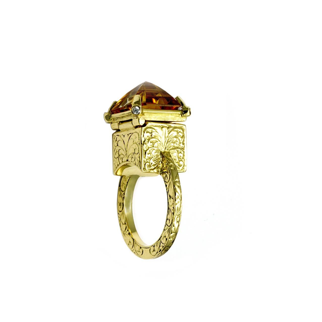 Princess Cut 18ct Gold, Citrine and Diamond, Baroque Engraved Victorian Poison Ring with Key