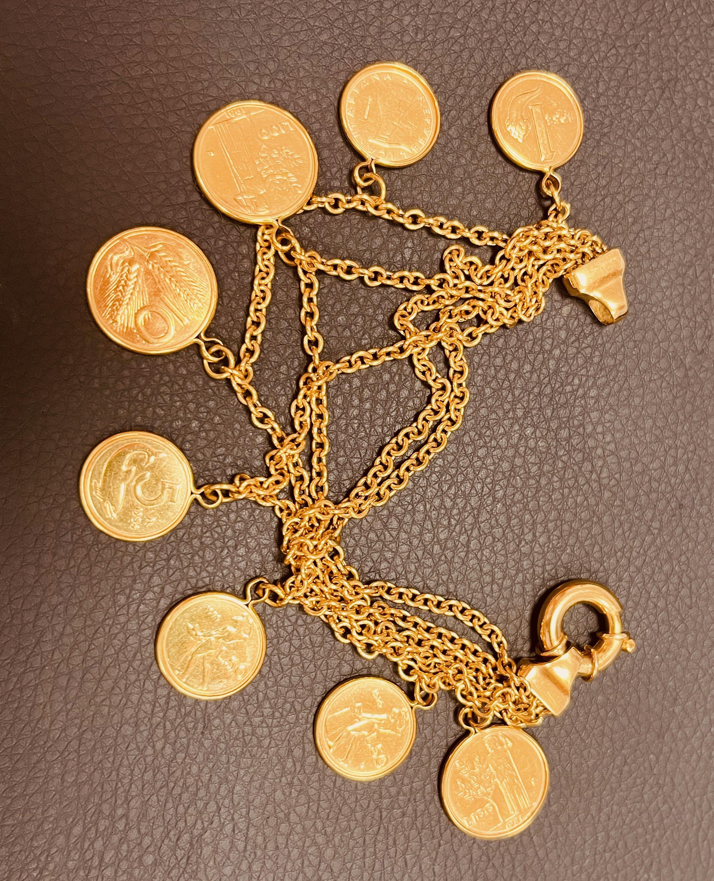 18ct Gold Coin Bracelet Of 5 Rows Of Trace Chain Suspending 8 Italian Gold Coins 4