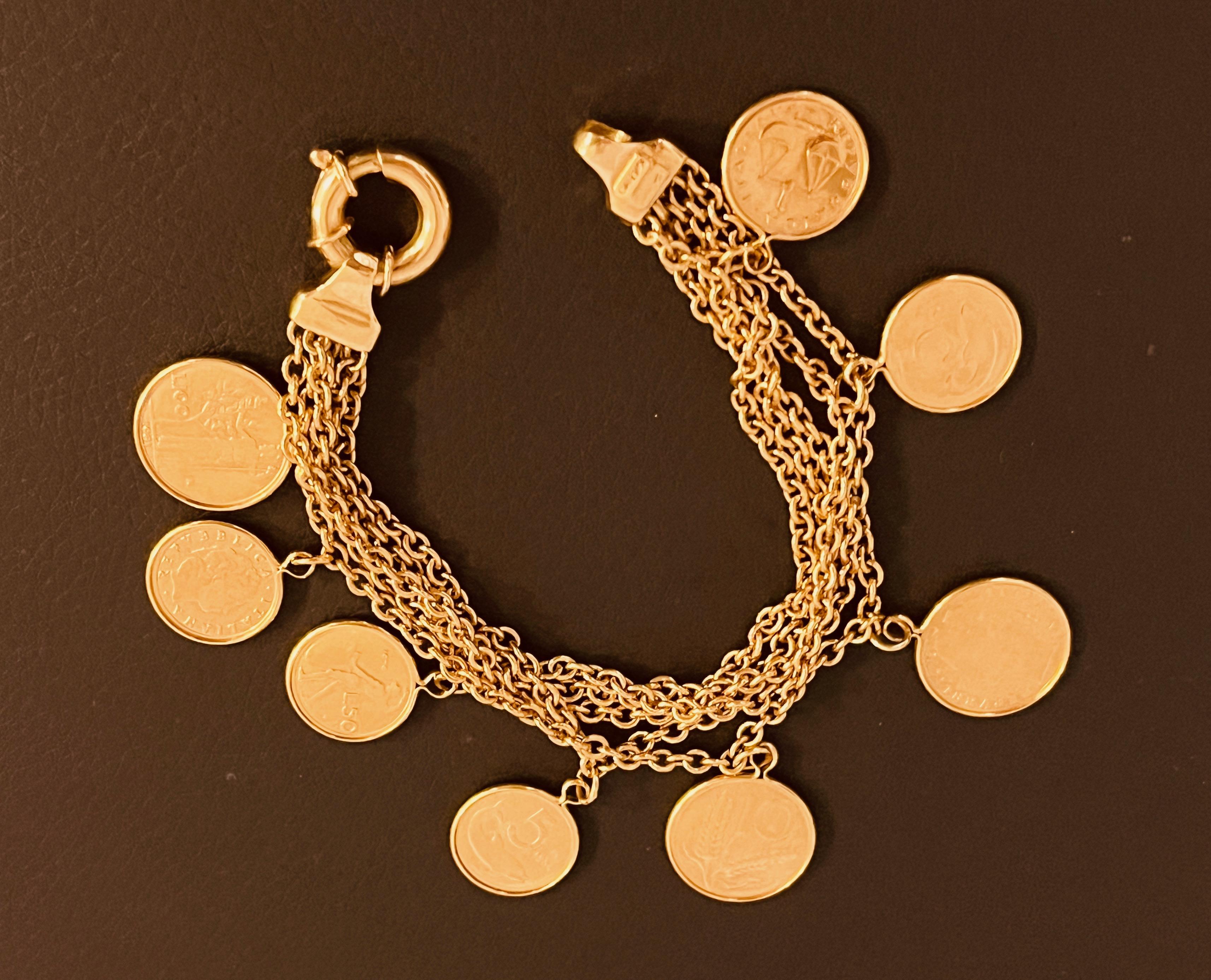 18ct Gold Coin Bracelet Of 5 Rows Of Trace Chain Suspending 8 Italian Gold Coins 6