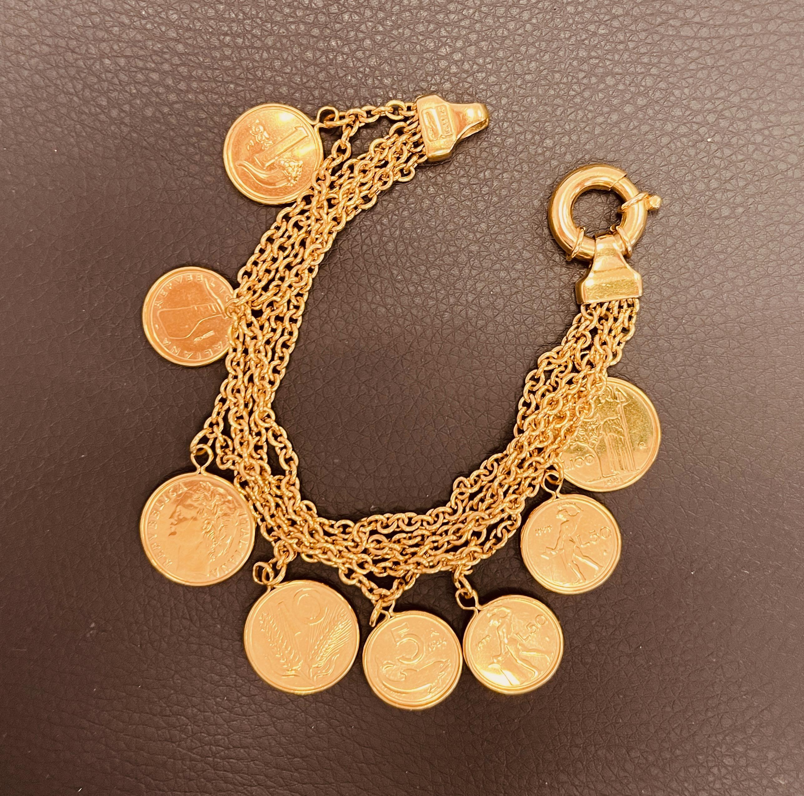 18ct Gold Coin Bracelet Of 5 Rows Of Trace Chain Suspending 8 Italian Gold Coins 2