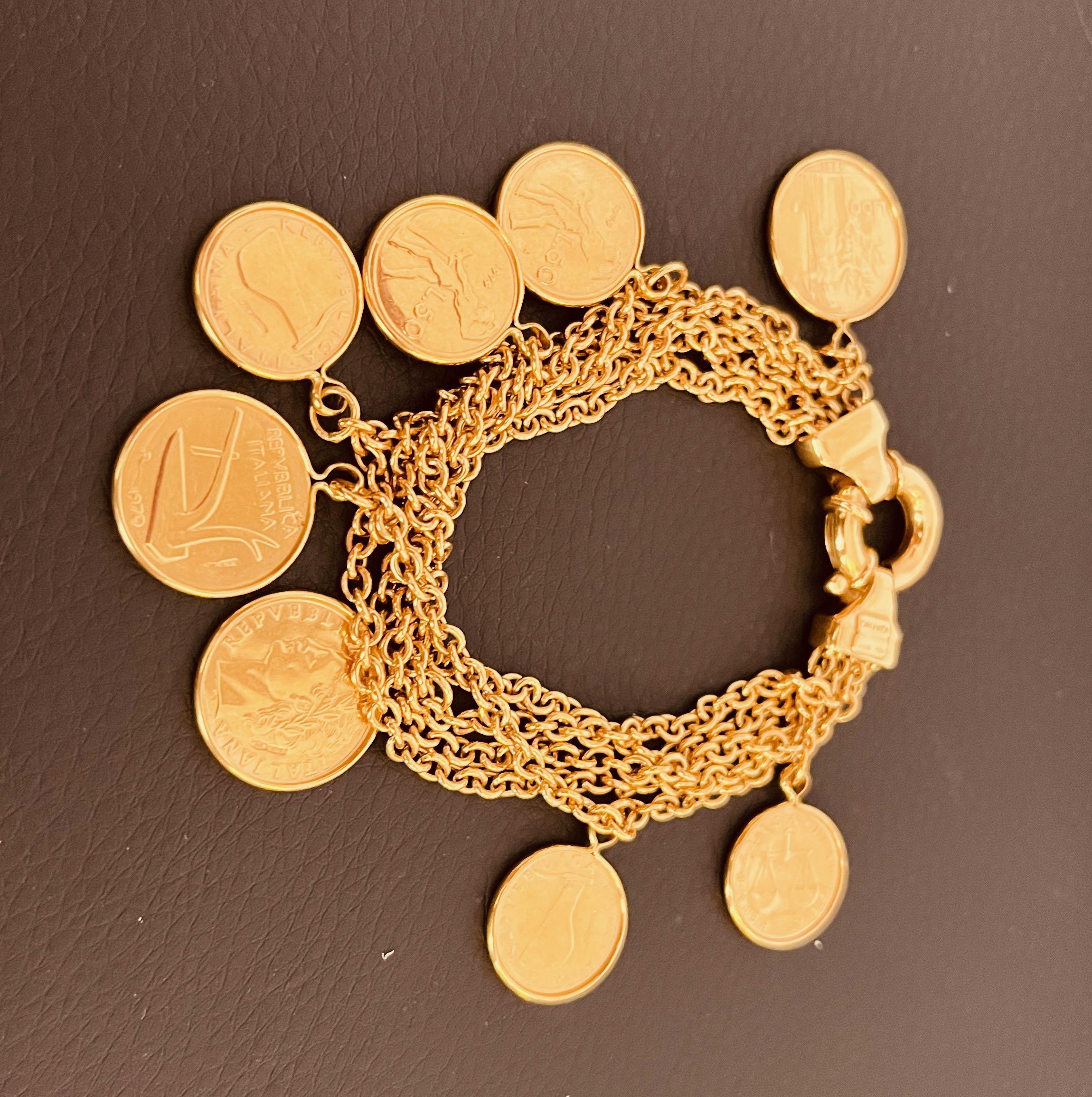 18ct Gold Coin Bracelet Of 5 Rows Of Trace Chain Suspending 8 Italian Gold Coins In Excellent Condition In London, GB