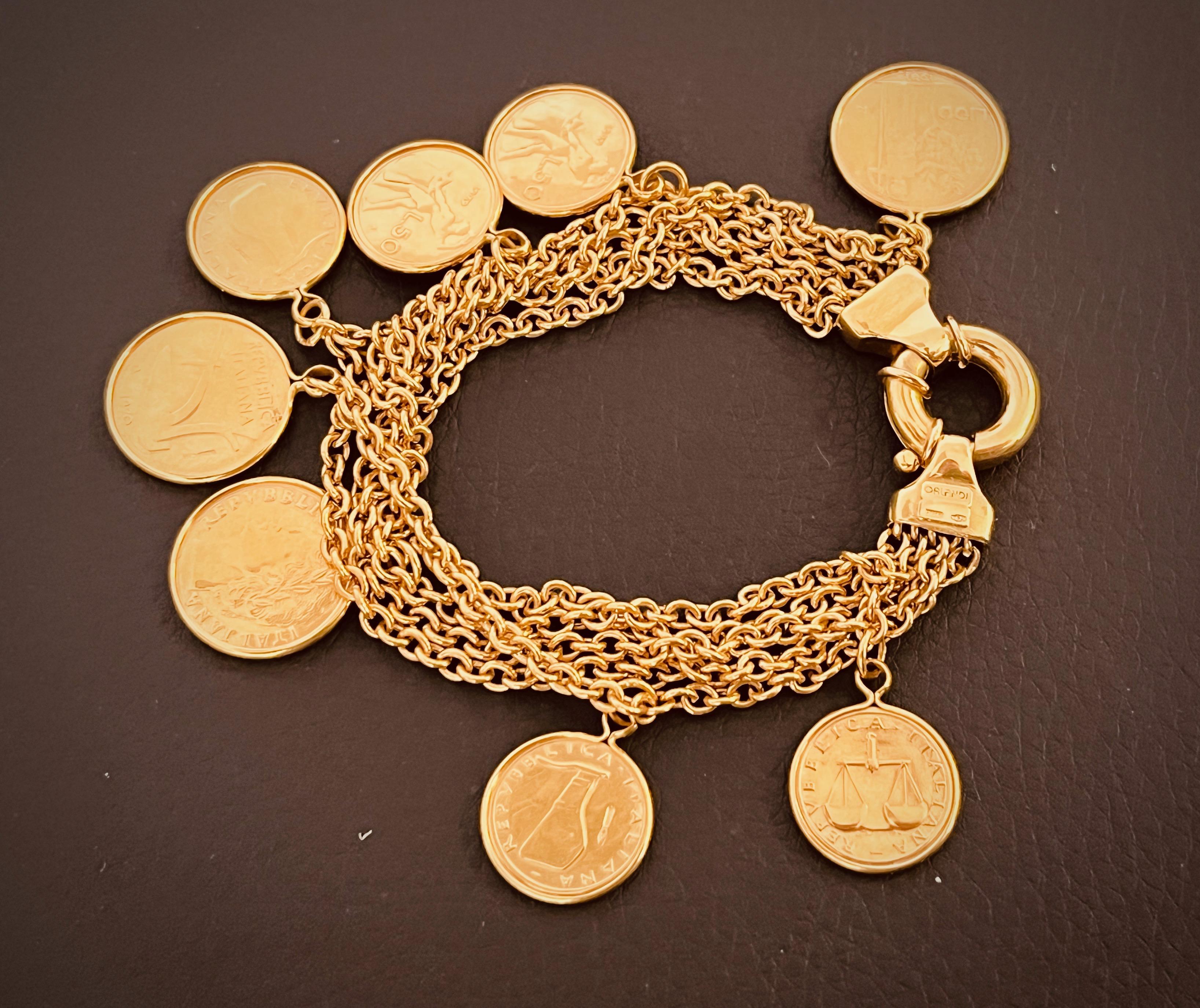 18ct Gold Coin Bracelet Of 5 Rows Of Trace Chain Suspending 8 Italian Gold Coins 3