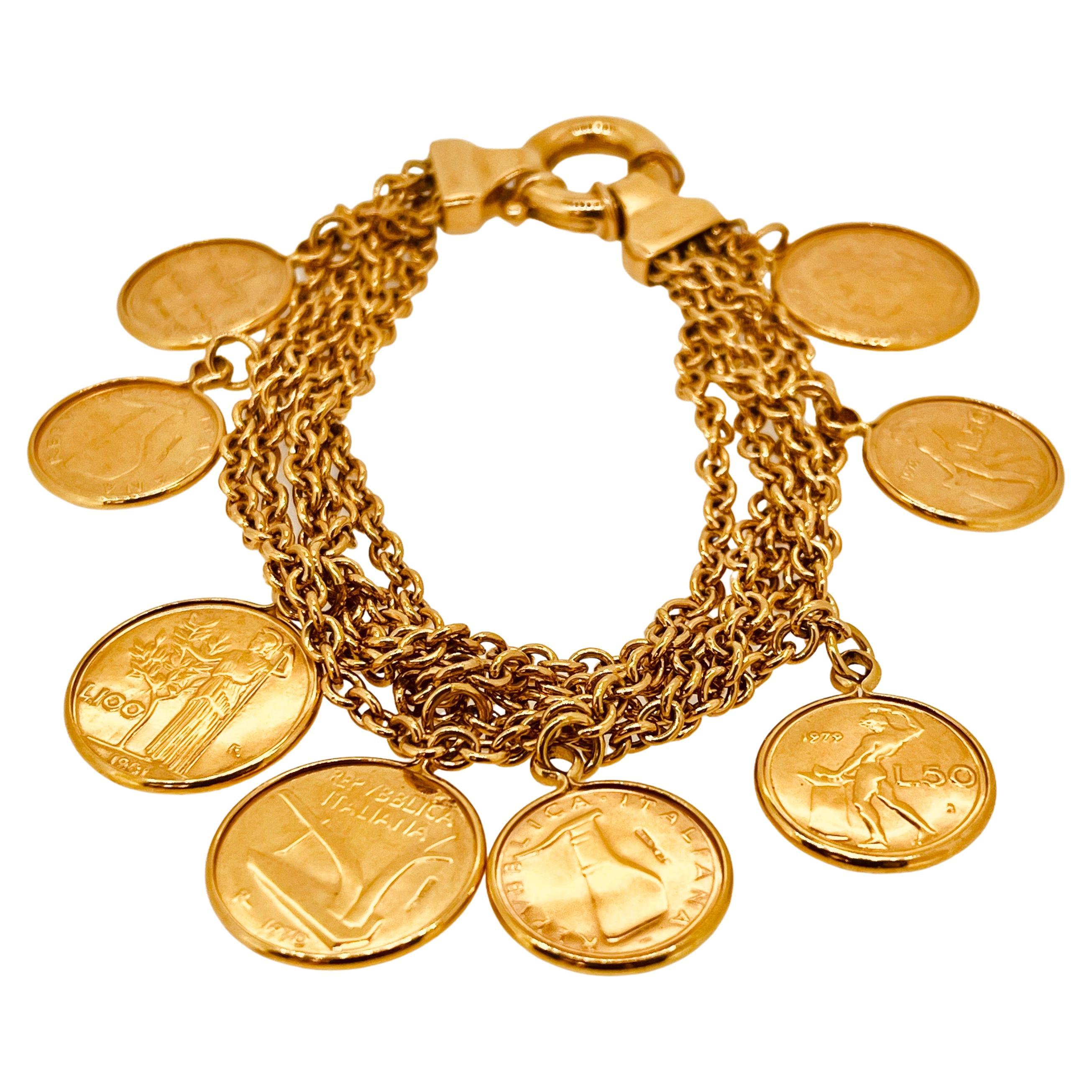 Women's 18ct Gold Coin Bracelet Of 5 Rows Of Trace Chain Suspending 8 Italian Gold Coins