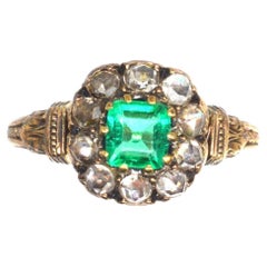 18ct Gold Colombian Emerald & Rose Cut Diamond Cluster Ring, Mid 19th Century