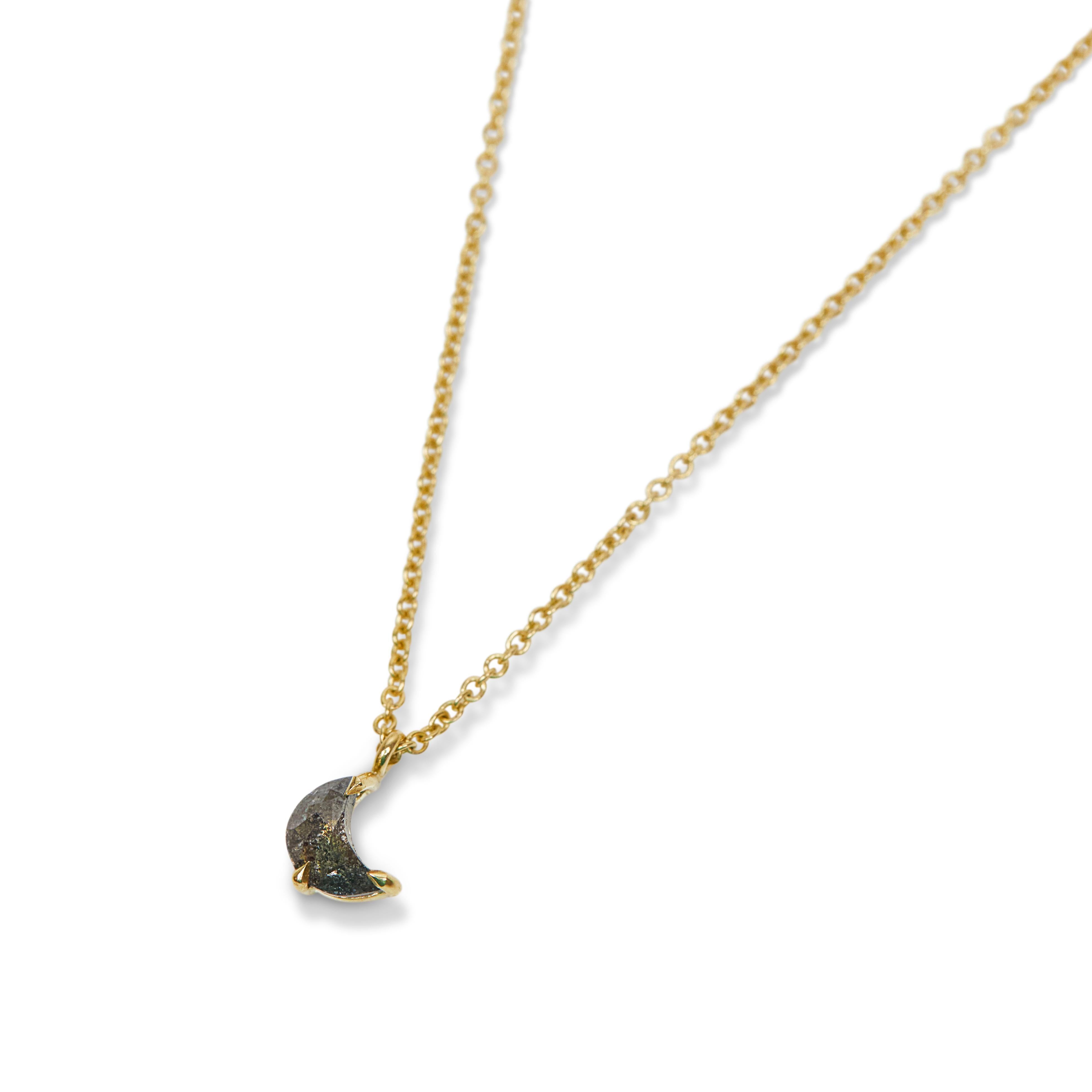 18ct Gold Crescent Moon Salt & Pepper Diamond Necklace In New Condition For Sale In London, GB