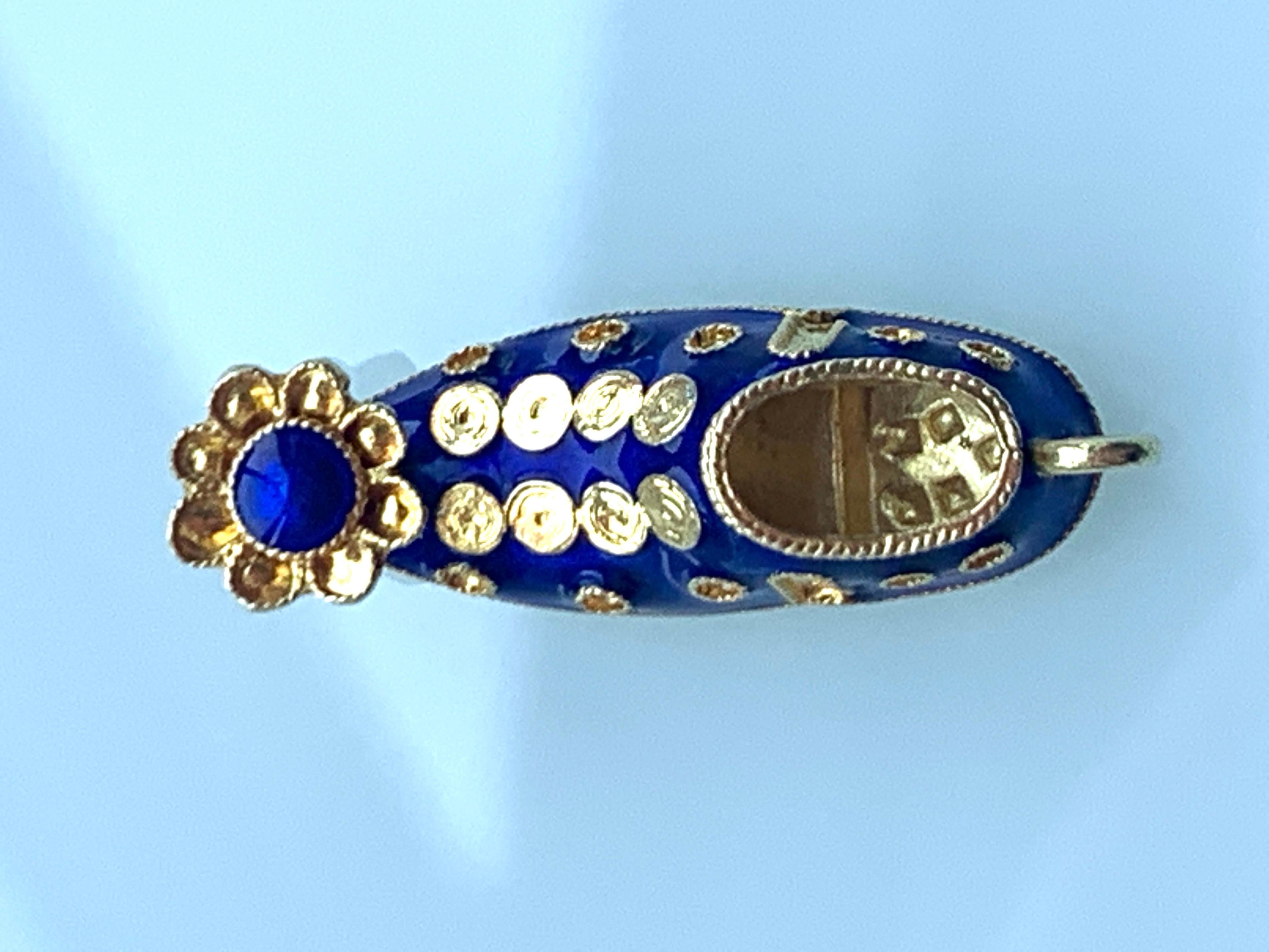 Artisan 18ct Gold Dark Blue Enamel Jester Slipper For Sale