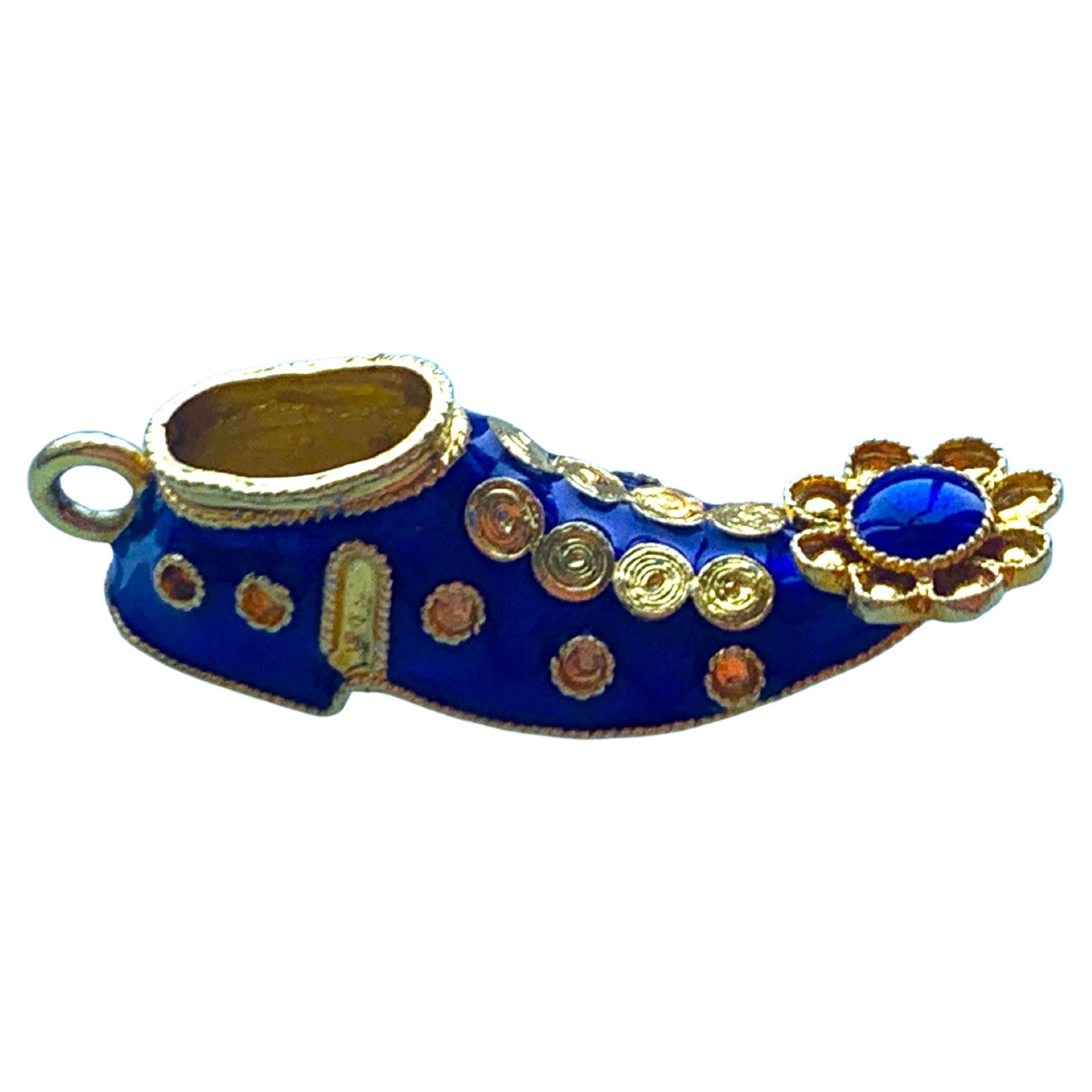 Pantofola da giullare in oro 18ct e smalto blu scuro in vendita