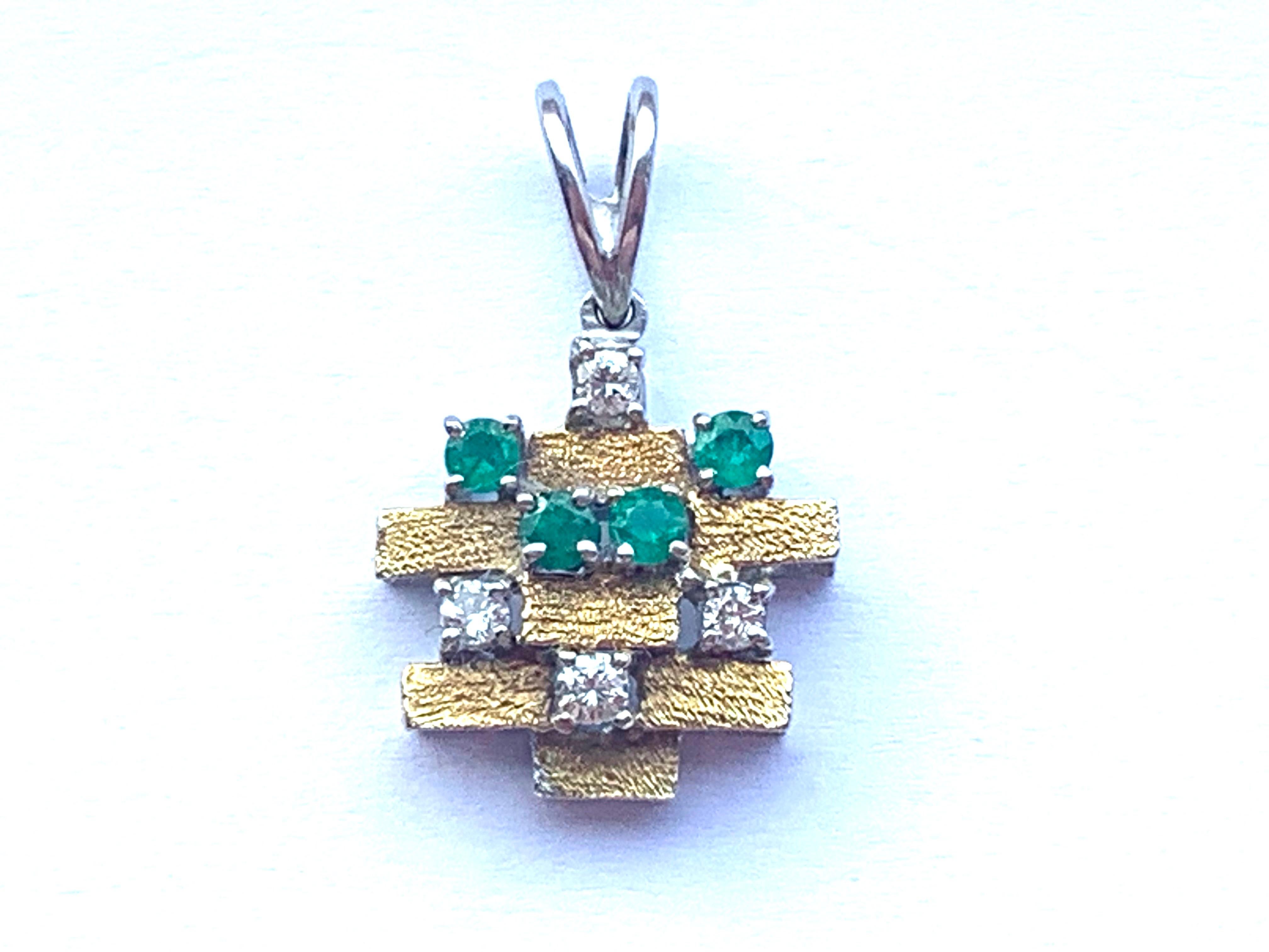 Modernist 18ct Gold Diamond and Emerald Pendant For Sale