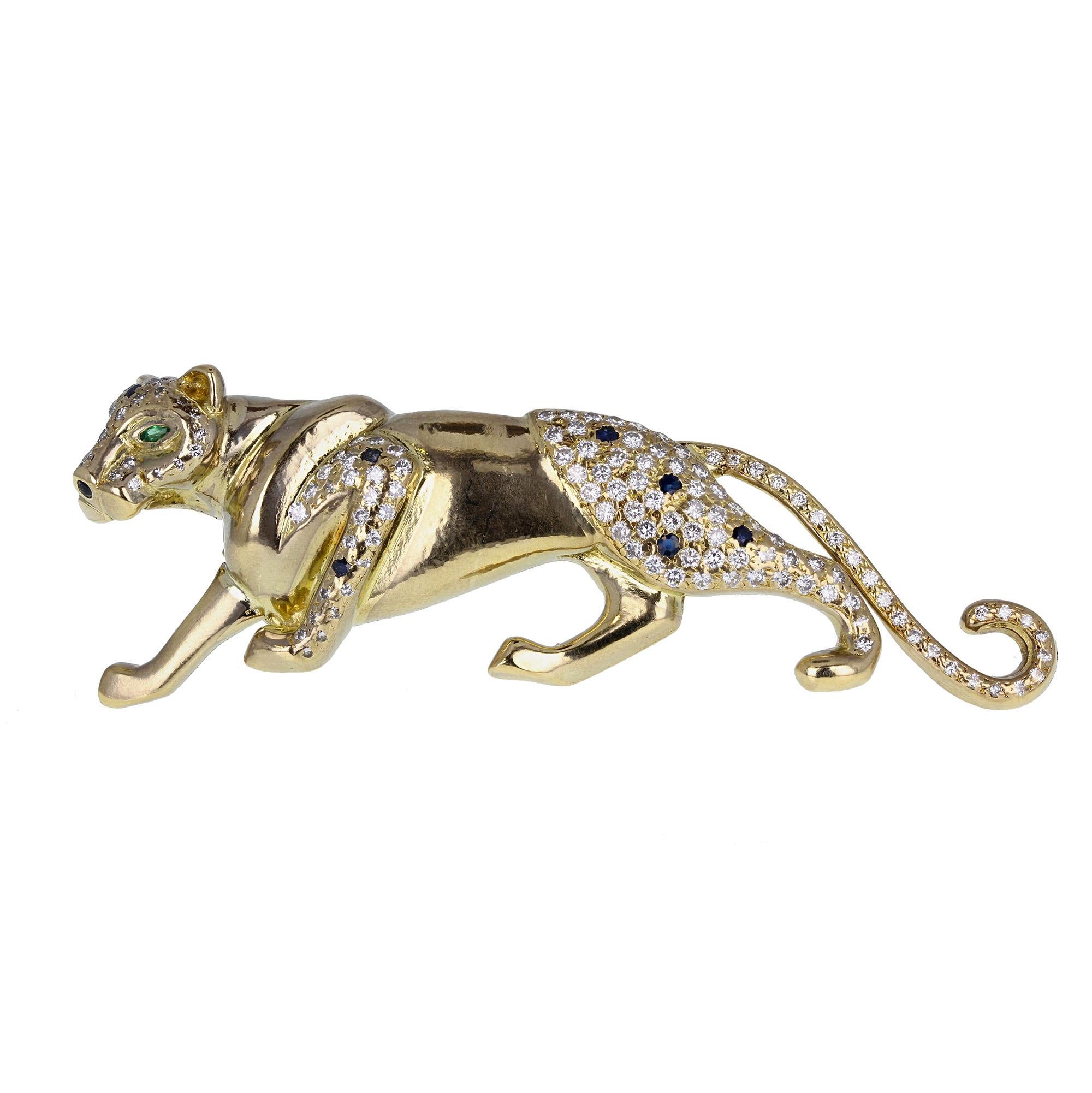 Modern 18 Carat Gold Diamond Sapphire Prowling Panther Brooch For Sale