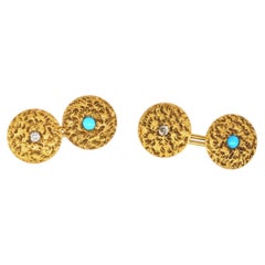 18ct Gold, Diamond & Turquoise Textured Gold Cufflinks, 1960s