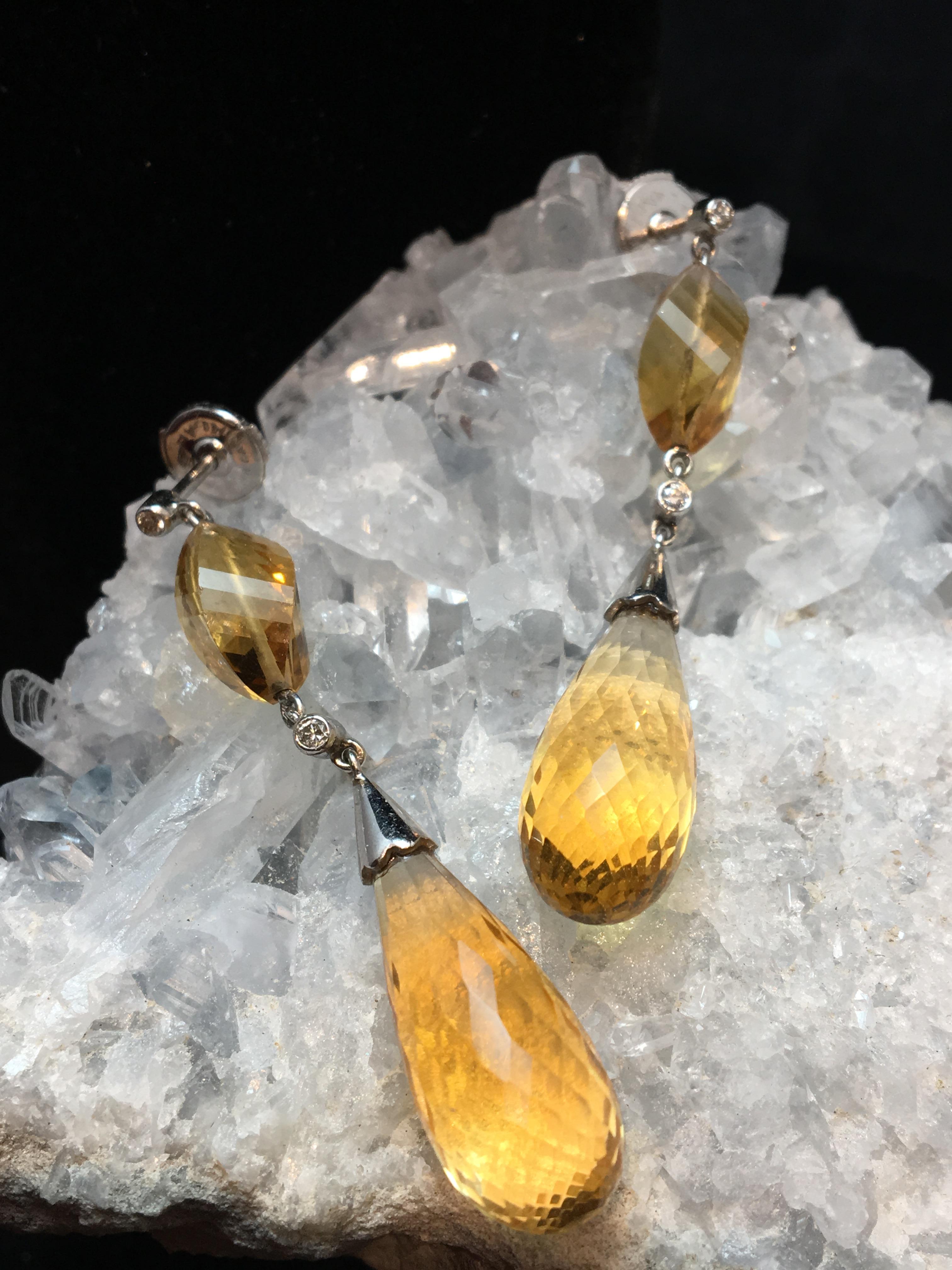 Artisan 18ct Gold Earrings Set With Citrine And Diamonds For Sale