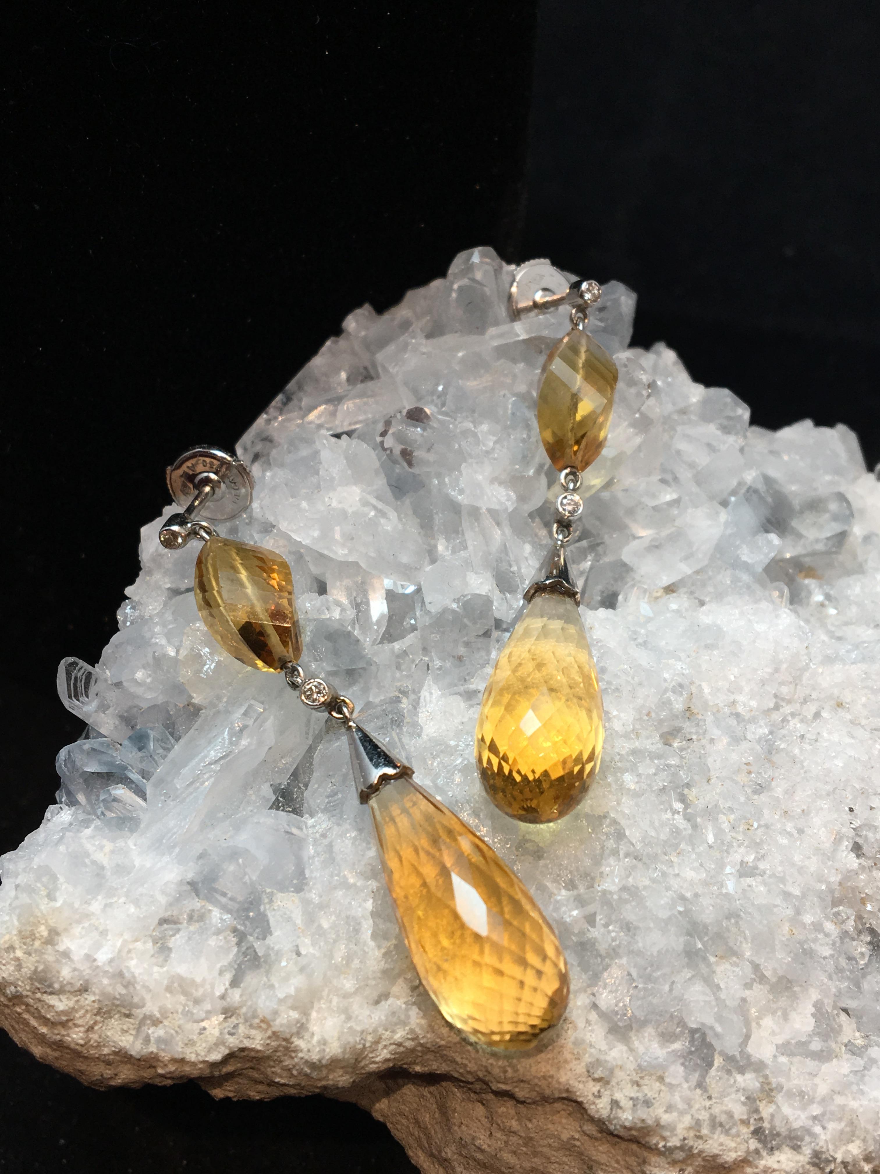 Briolette Cut 18ct Gold Earrings Set With Citrine And Diamonds For Sale