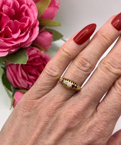 18ct Gold Edwardian, Acrostic ADORE Ring: Amethyst, Diamond, Opal, Ruby, Emerald