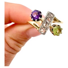 18ct Gold, Edwardian Amethyst, Peridot & Diamond Crossover Suffragette Ring