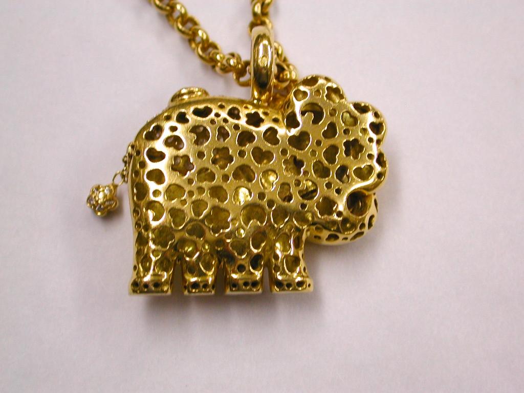 Cabochon 18 Carat Gold Elephant Pendant on Chain Set with Diamonds, Emerald & Ruby, 1995