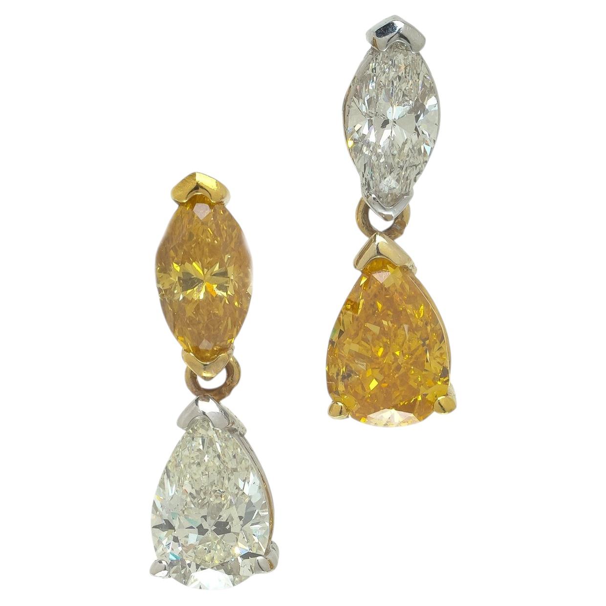 18ct Gold Fancy Yellow and White Diamond Drop Earrings For Sale
