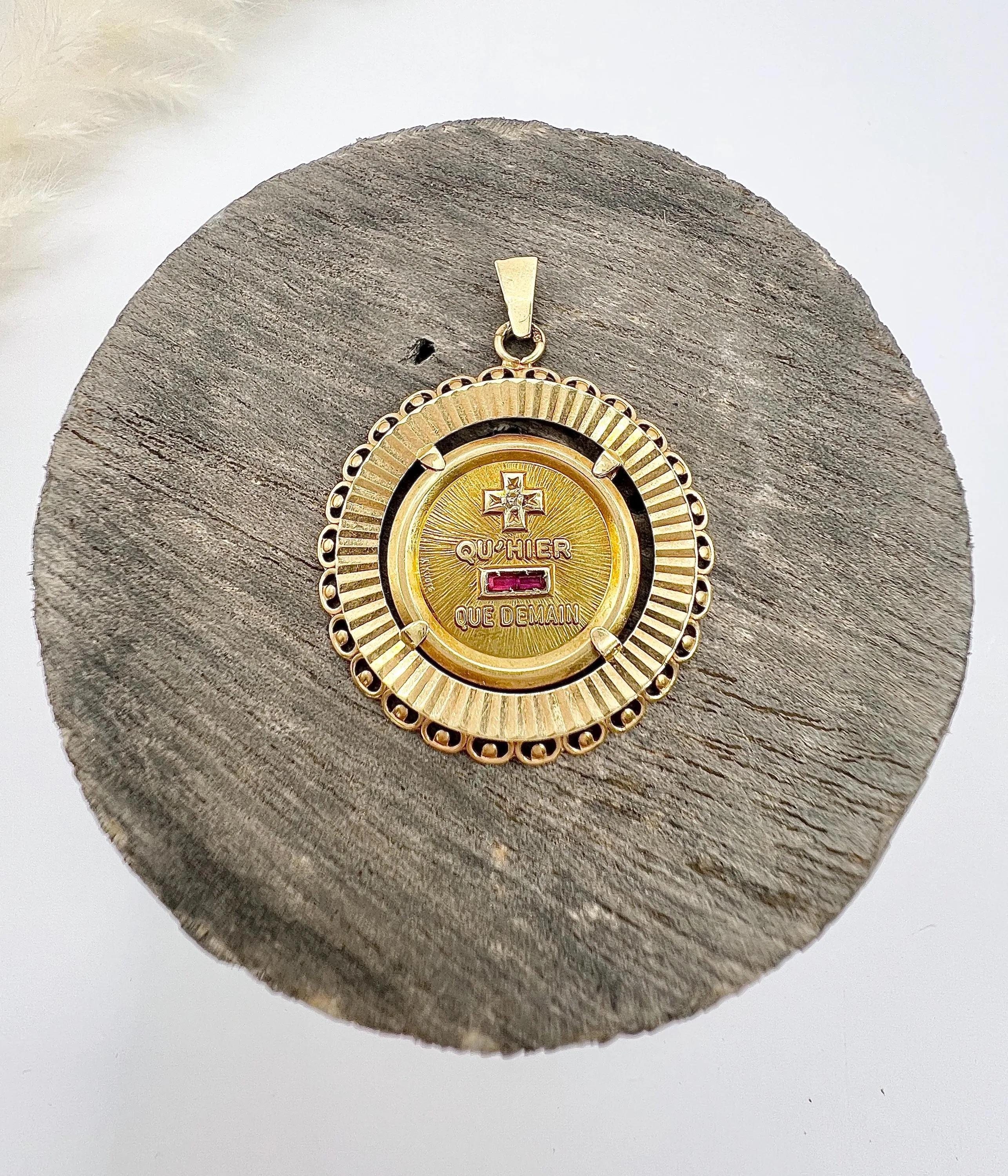 18ct Gold French 1970s Plus Qu'Hier Love Token Pendant, Love Medal by A Augis 2