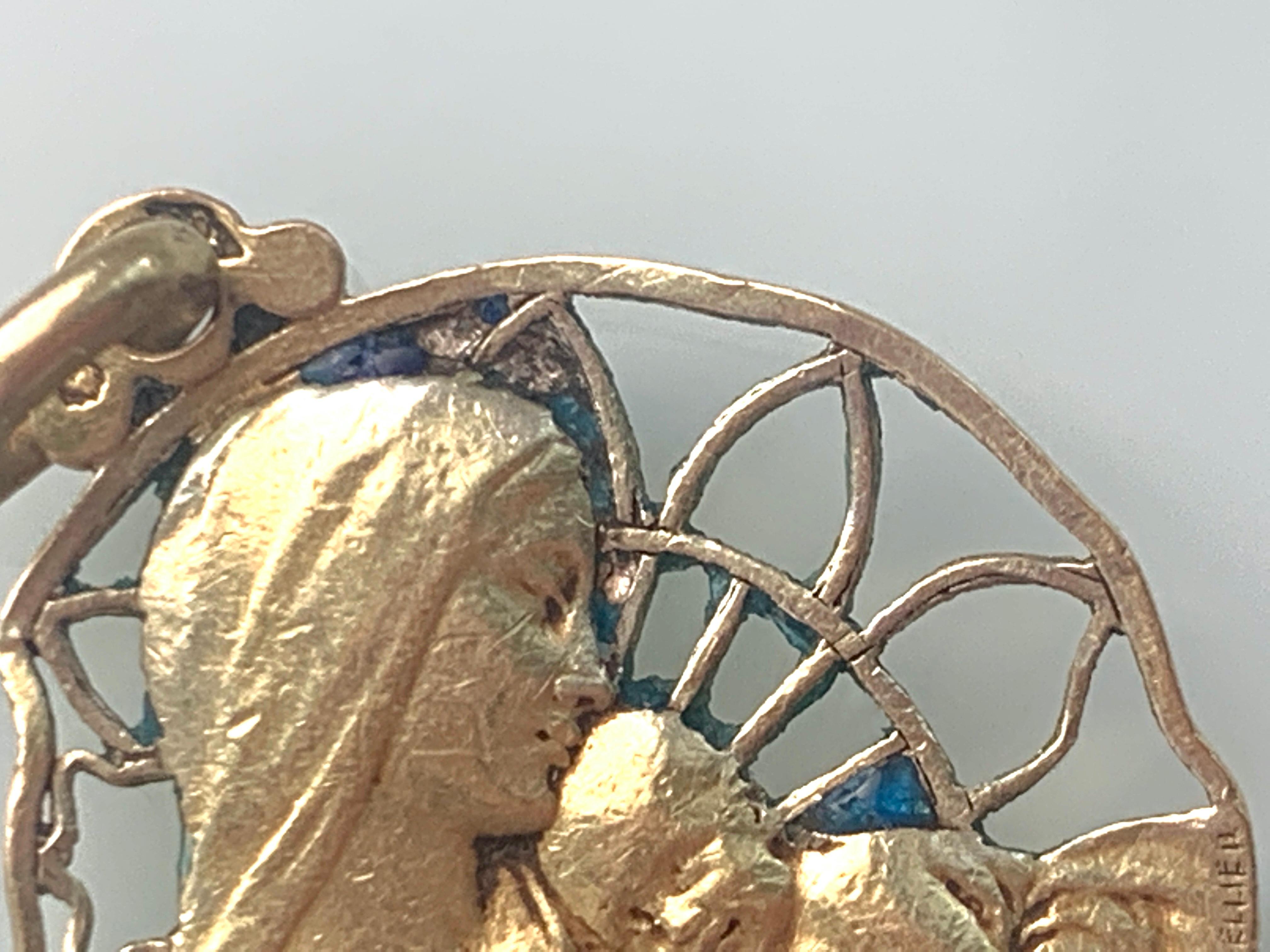 Art Nouveau Antique 18ct Gold French Pendant by Selllier For Sale