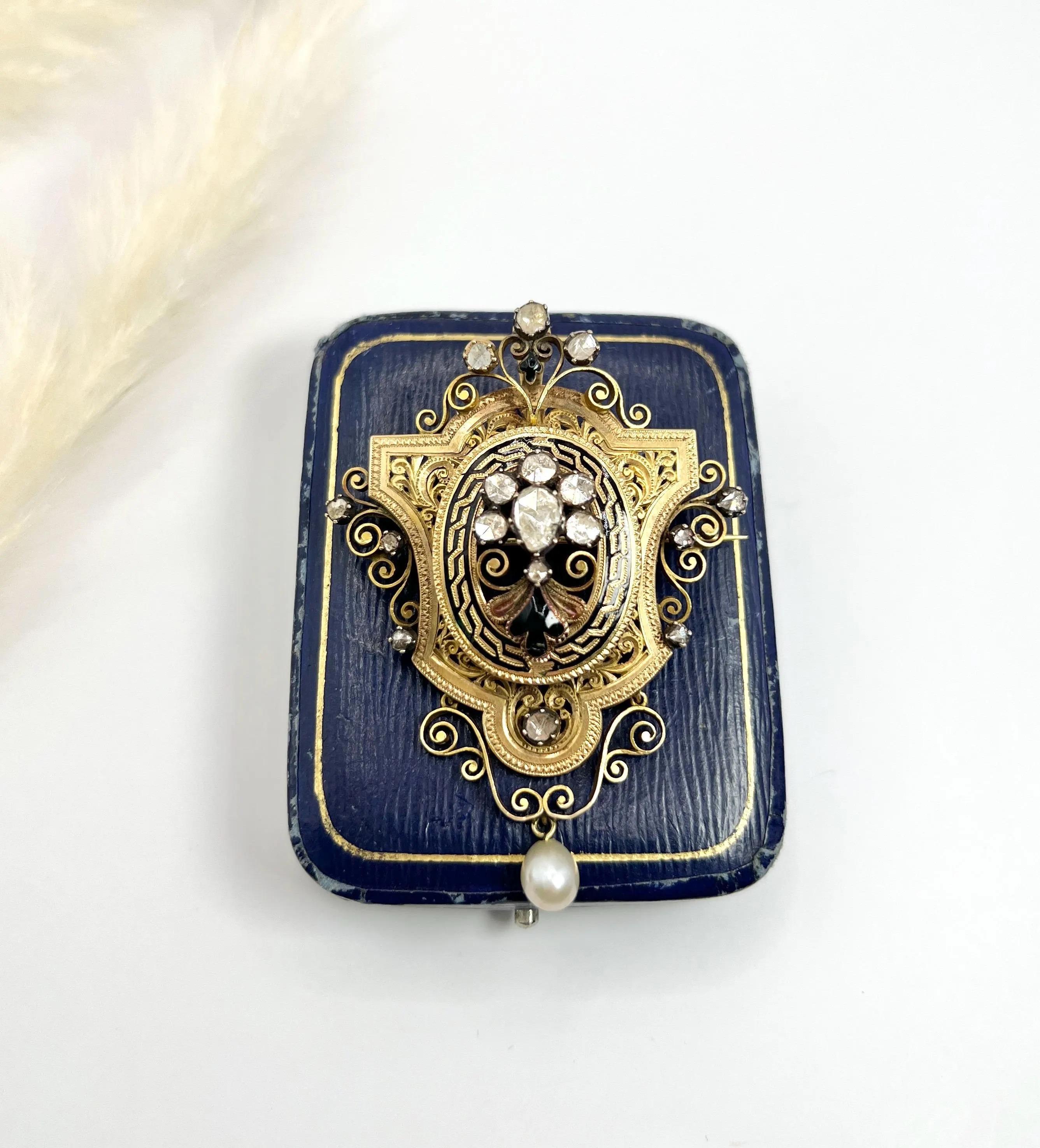 18ct Gold French Early Victorian Rose Cut Diamond, Enamel & Pearl Brooch/Pendent For Sale 6