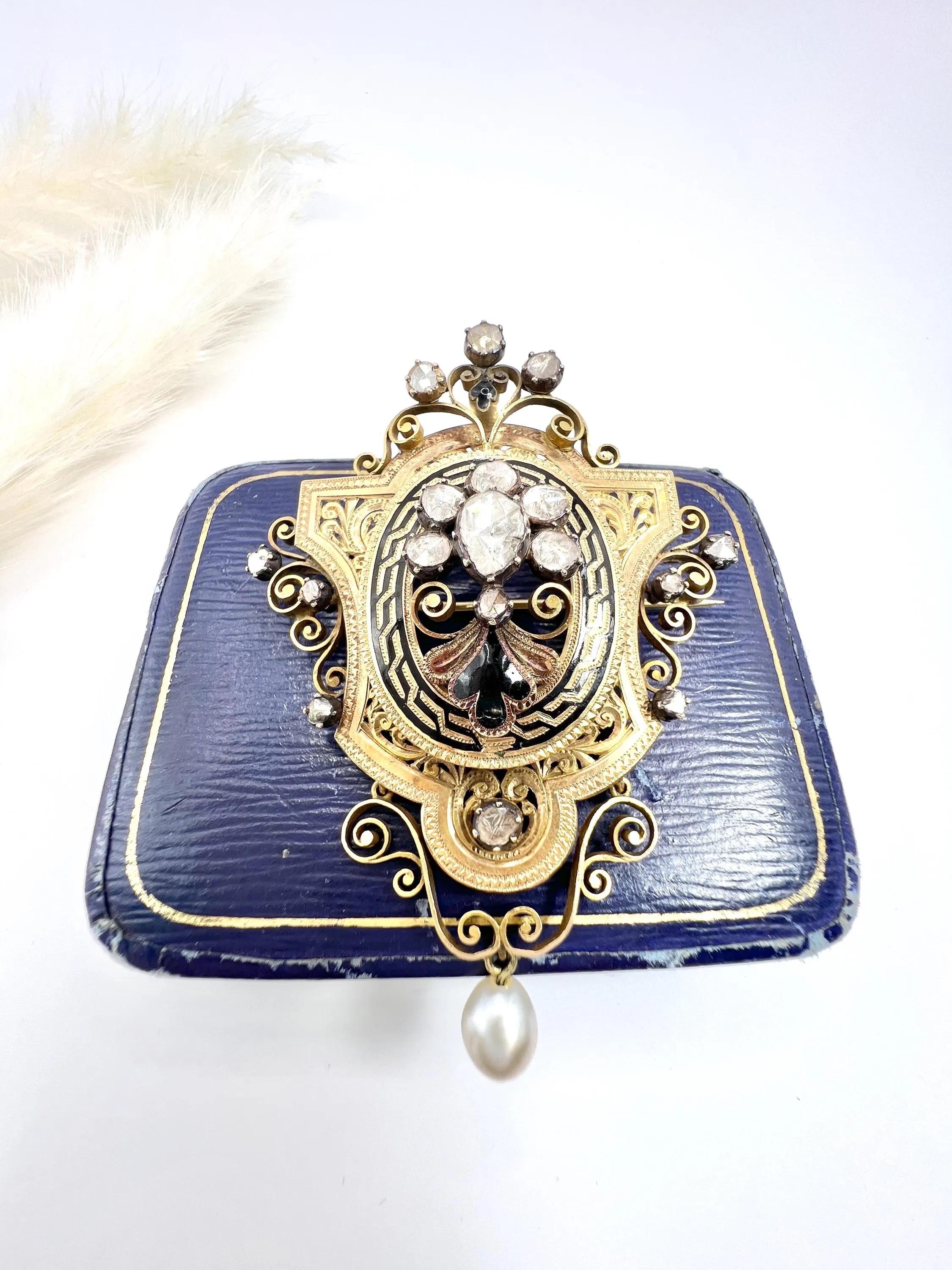 18ct Gold French Early Victorian Rose Cut Diamond, Enamel & Pearl Brooch/Pendent For Sale 7