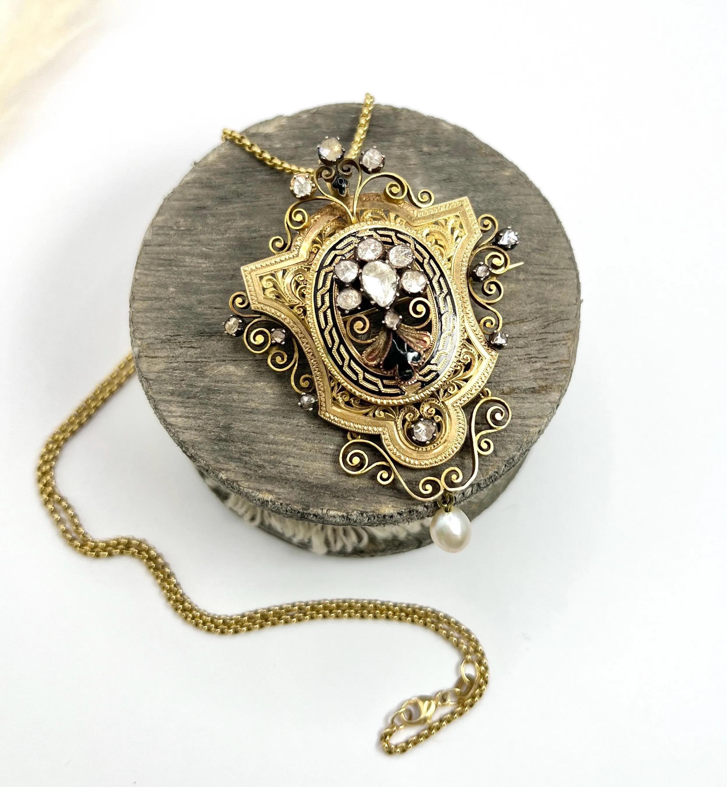 18ct Gold French Early Victorian Rose Cut Diamond, Enamel & Pearl Brooch/Pendent In Good Condition For Sale In Brighton, GB