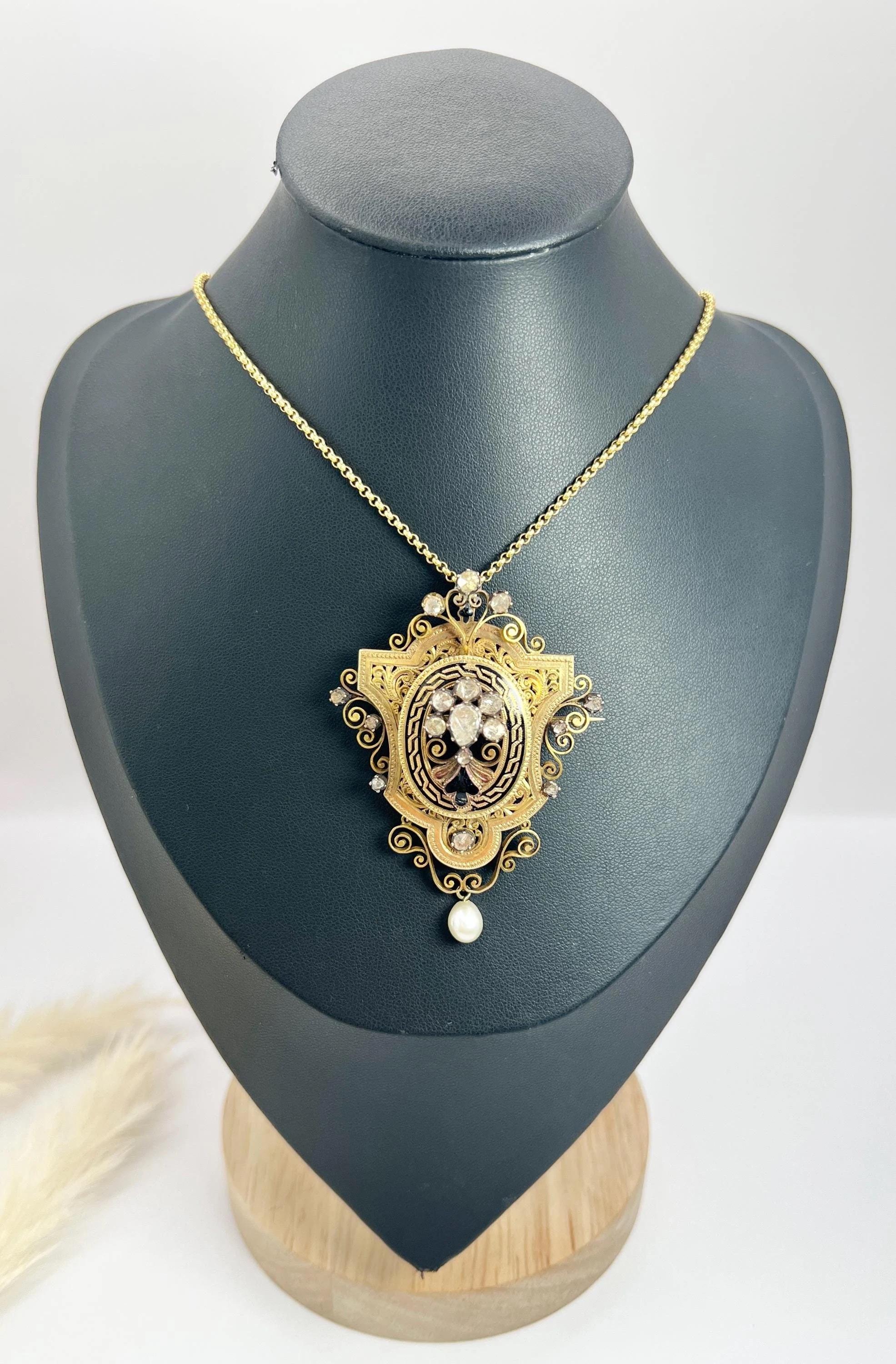 Women's or Men's 18ct Gold French Early Victorian Rose Cut Diamond, Enamel & Pearl Brooch/Pendent For Sale