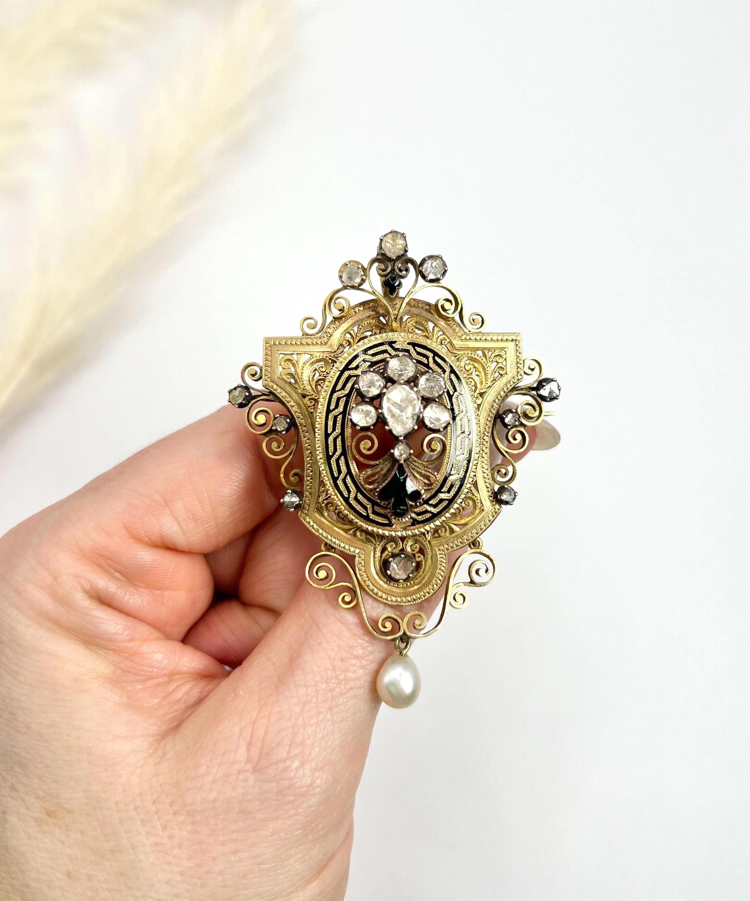 18ct Gold French Early Victorian Rose Cut Diamond, Enamel & Pearl Brooch/Pendent For Sale 1