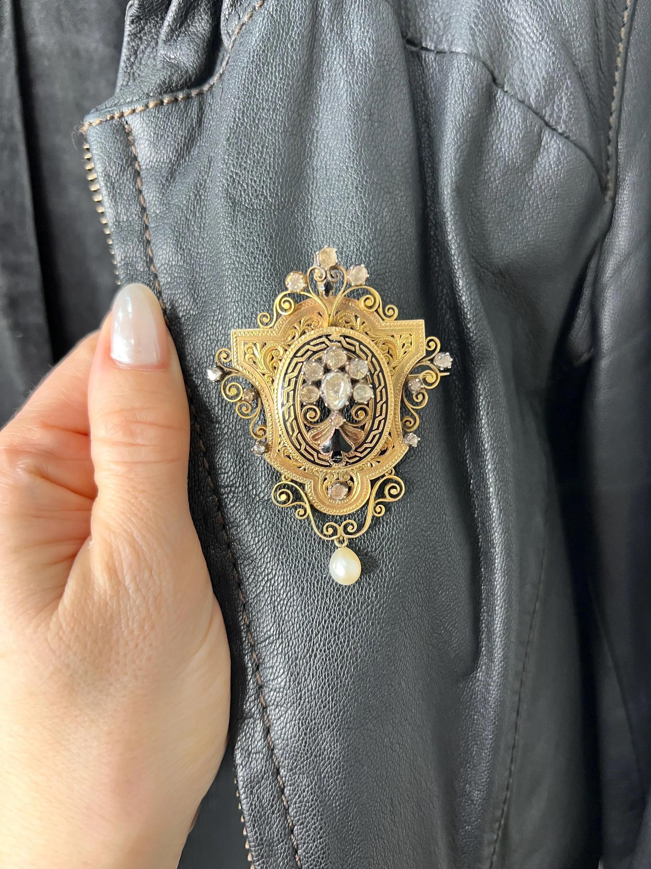 18ct Gold French Early Victorian Rose Cut Diamond, Enamel & Pearl Brooch/Pendent For Sale 2