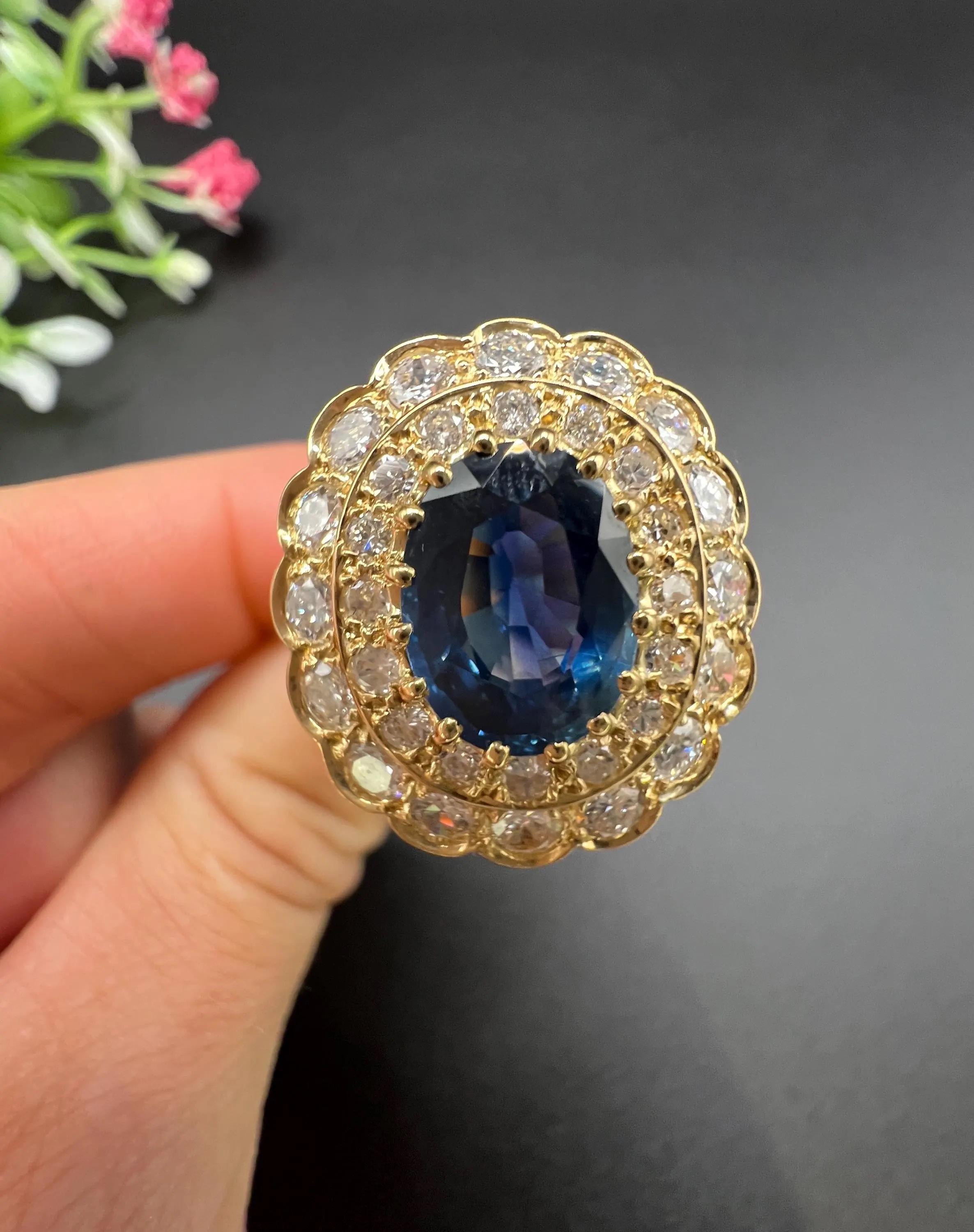 18ct Gold French Hallmarked, 1980s 2 Carat Sapphire & 2.5 Carat Diamond Ring For Sale 6