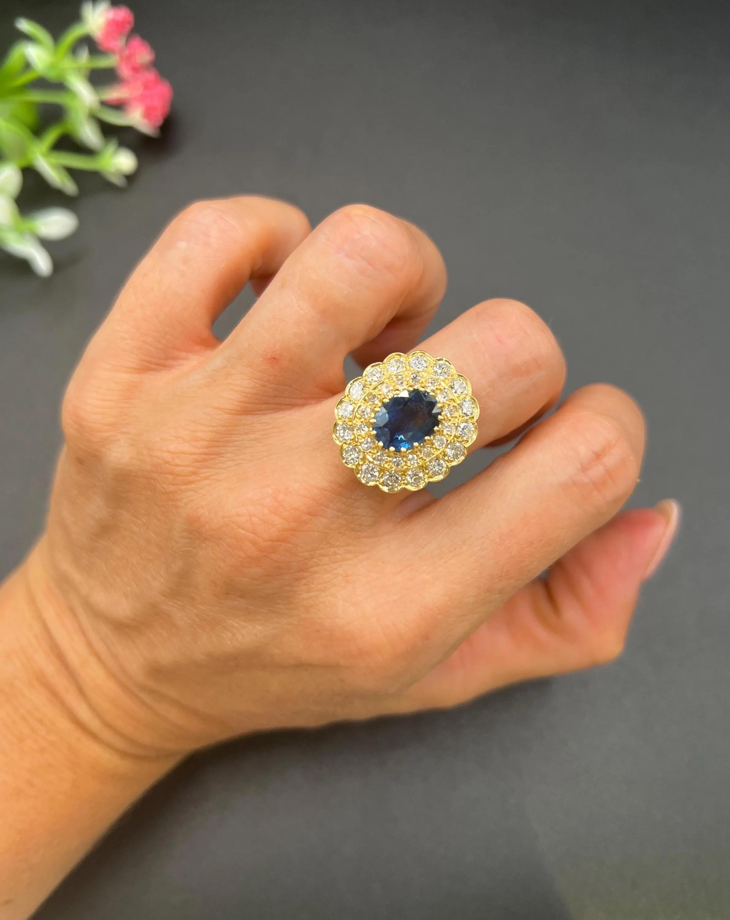 Vintage Tiered Cluster Ring

18ct Gold French Hallmarked

Circa 1980s 

Introducing a stunning 18ct yellow gold cluster ring from the 1980s, featuring a fabulous tiered design that showcases an exquisite oval-shaped faceted natural sapphire with an