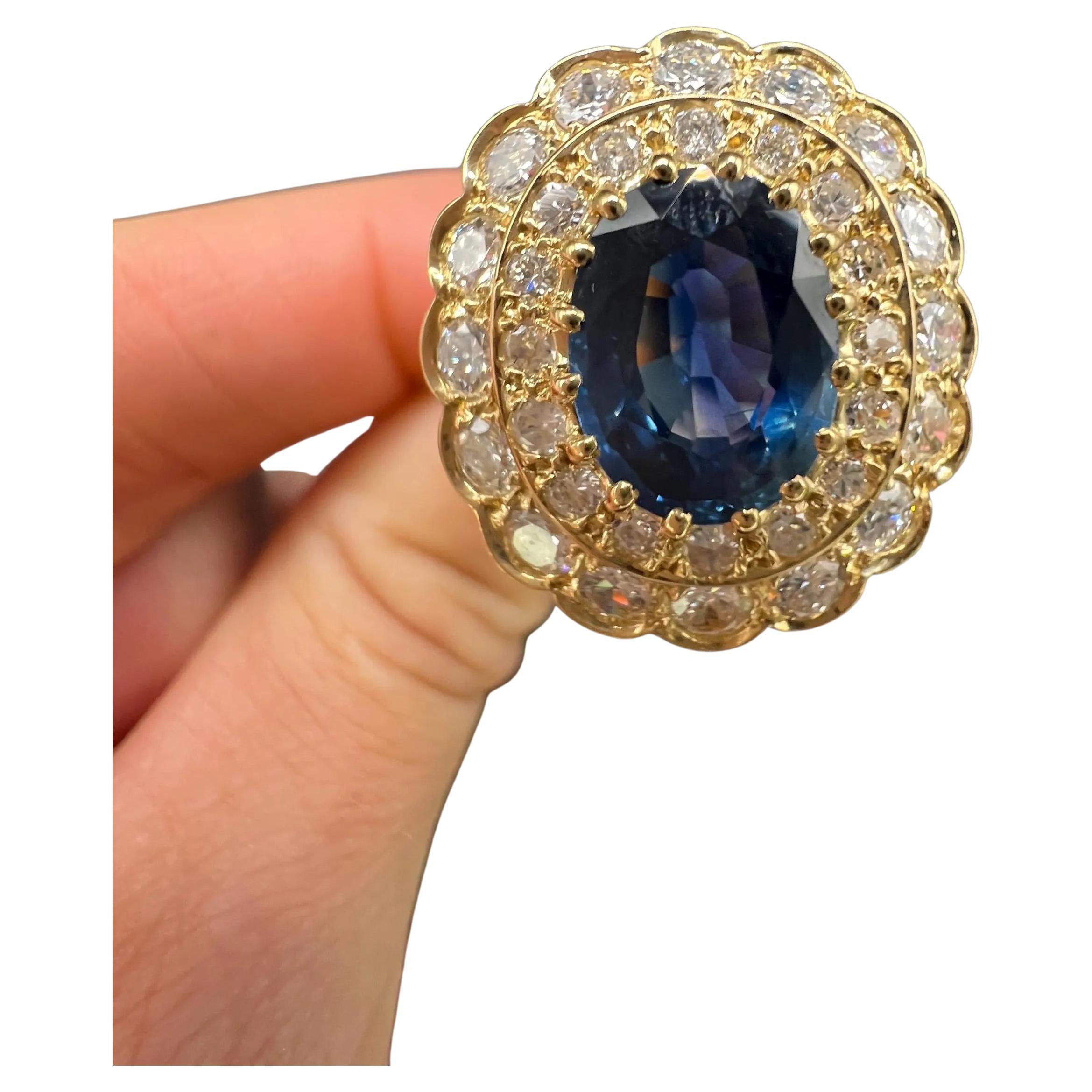 18ct Gold French Hallmarked, 1980s 2 Carat Sapphire & 2.5 Carat Diamond Ring For Sale