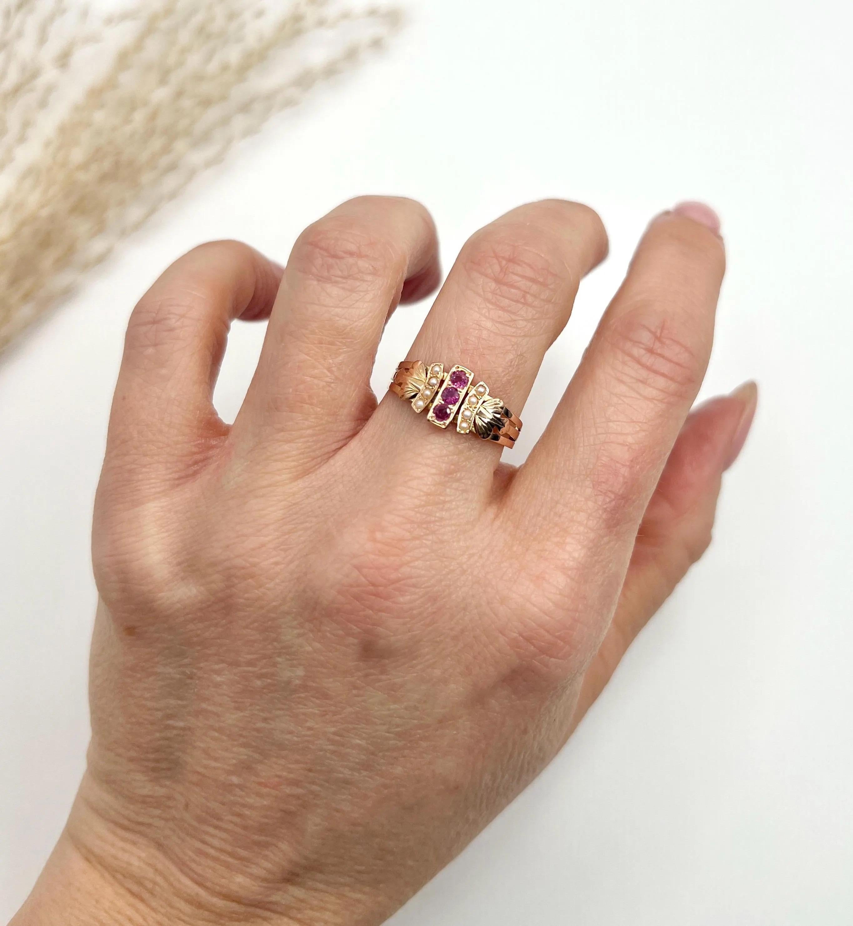 Round Cut 18ct Gold French Hallmarked, Edwardian Ruby & Pearl Ring with Feather shoulders For Sale