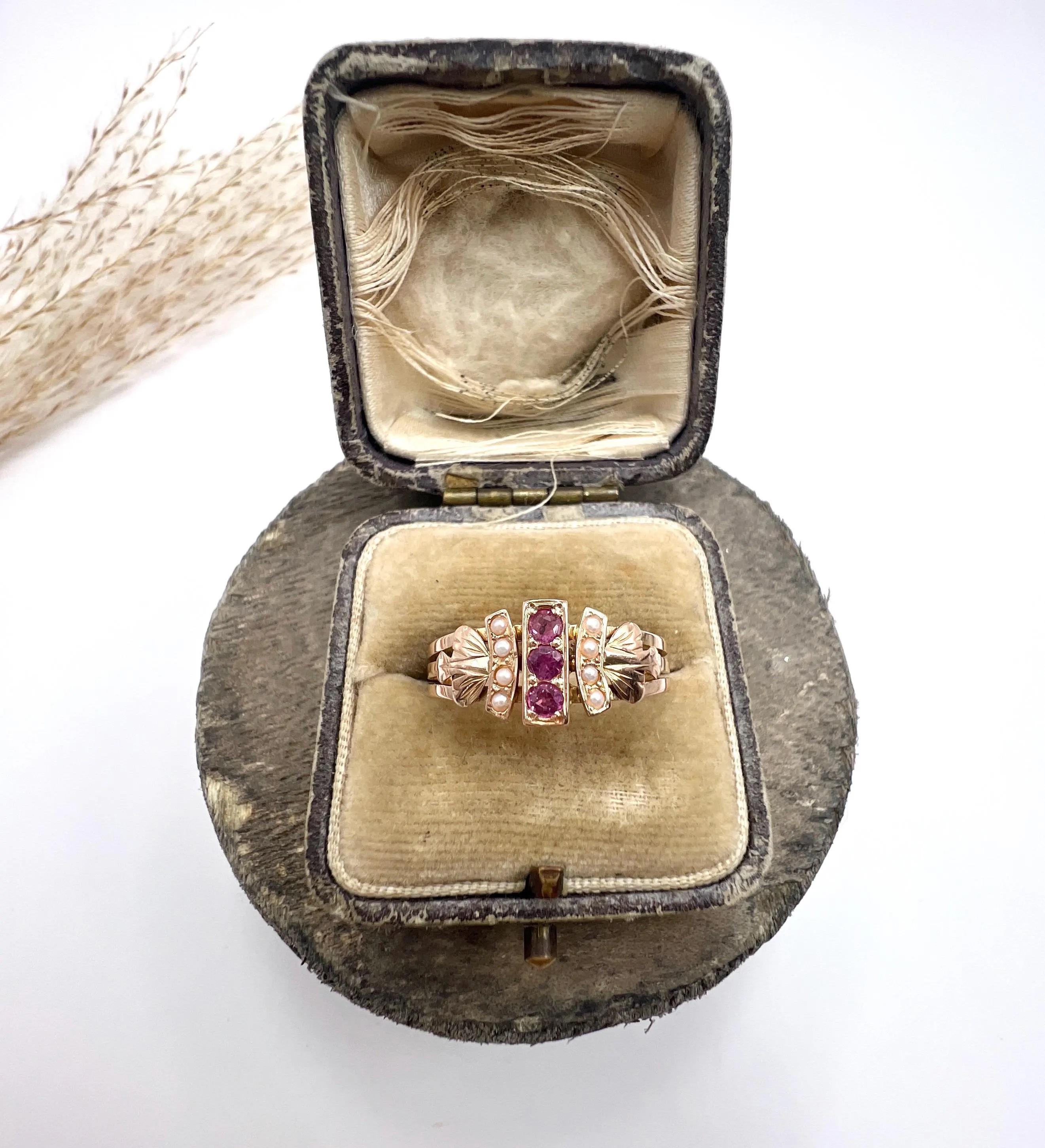 Women's or Men's 18ct Gold French Hallmarked, Edwardian Ruby & Pearl Ring with Feather shoulders For Sale