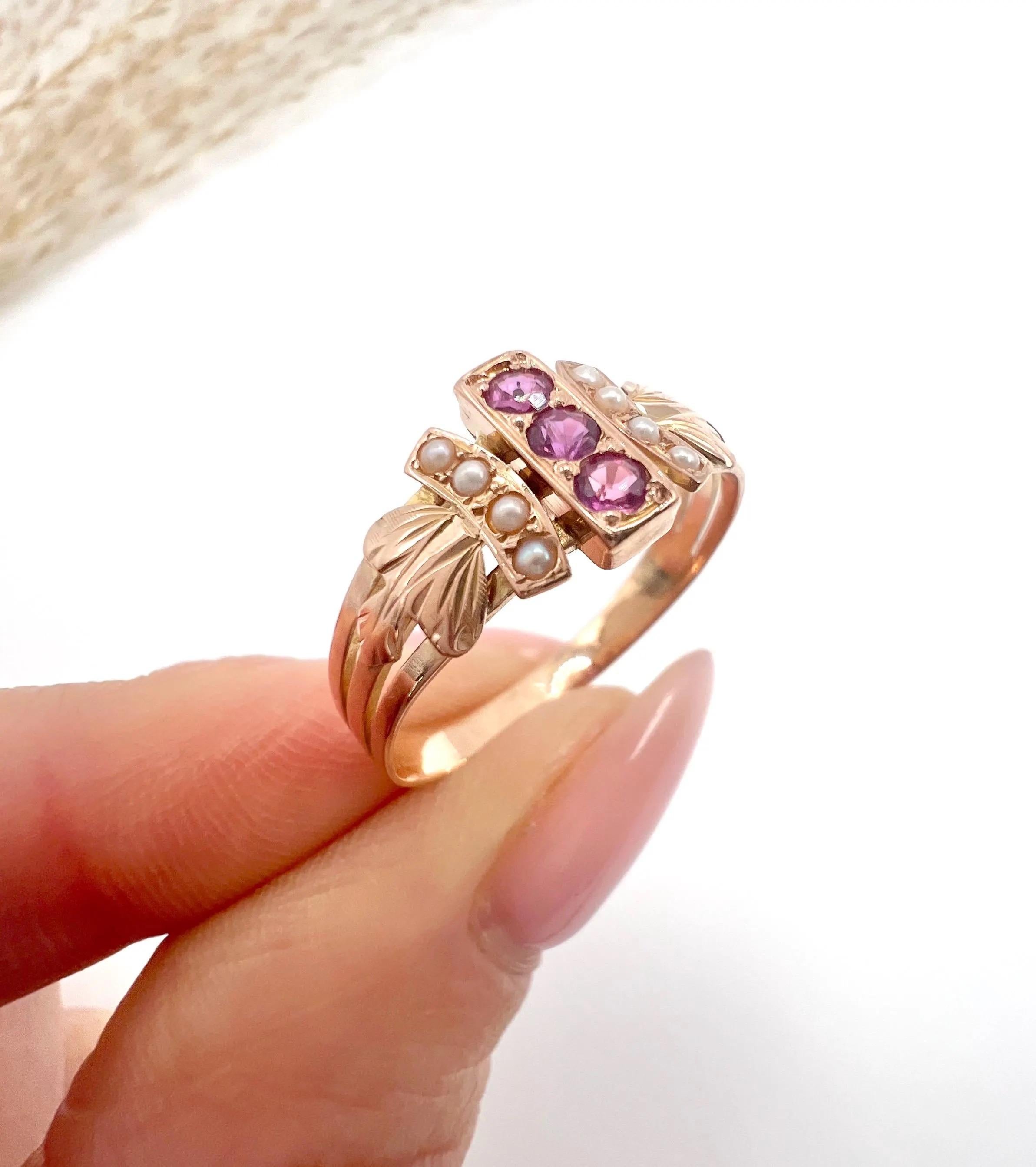 18ct Gold French Hallmarked, Edwardian Ruby & Pearl Ring with Feather shoulders For Sale 3