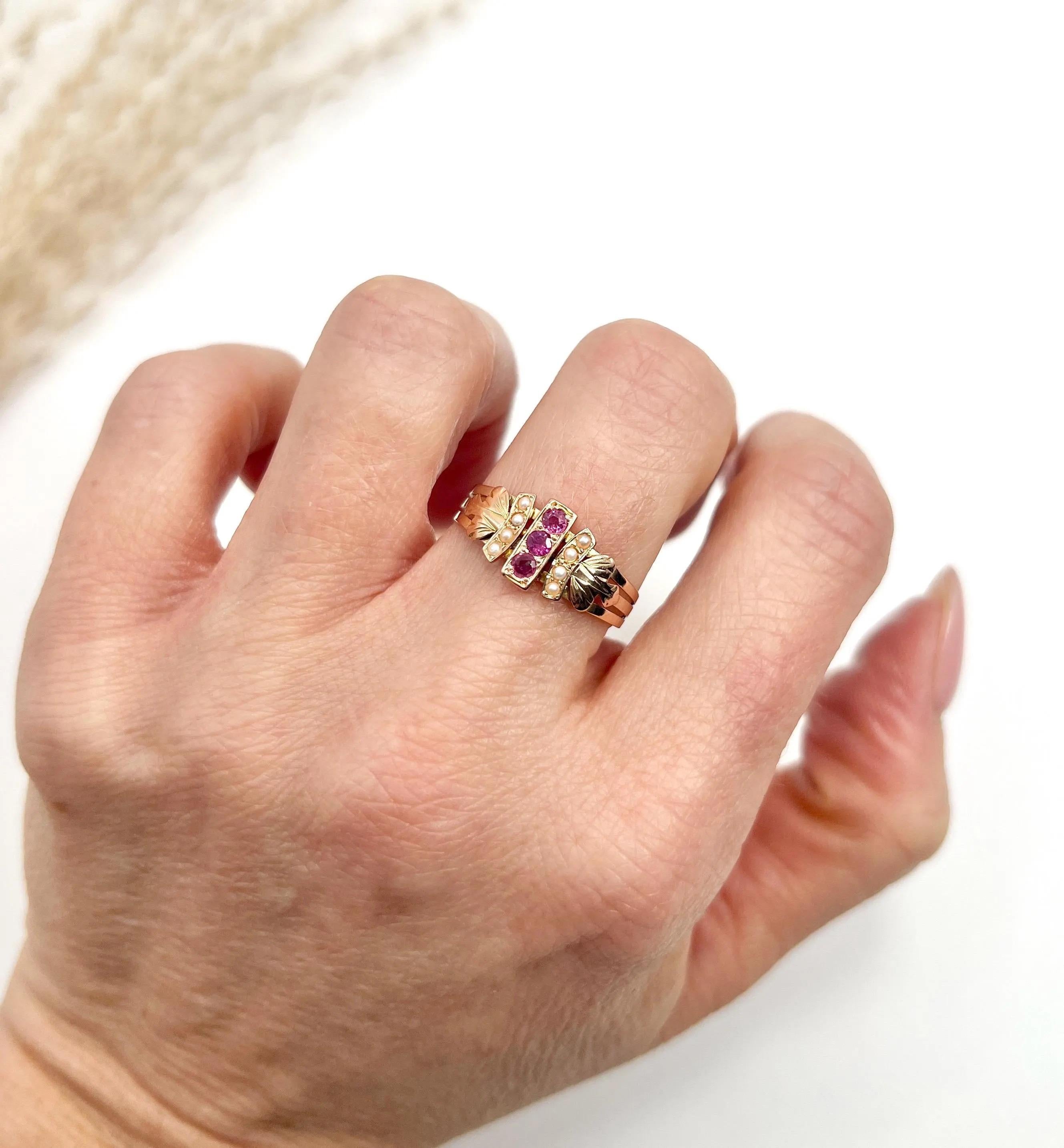 18ct Gold French Hallmarked, Edwardian Ruby & Pearl Ring with Feather shoulders For Sale 4