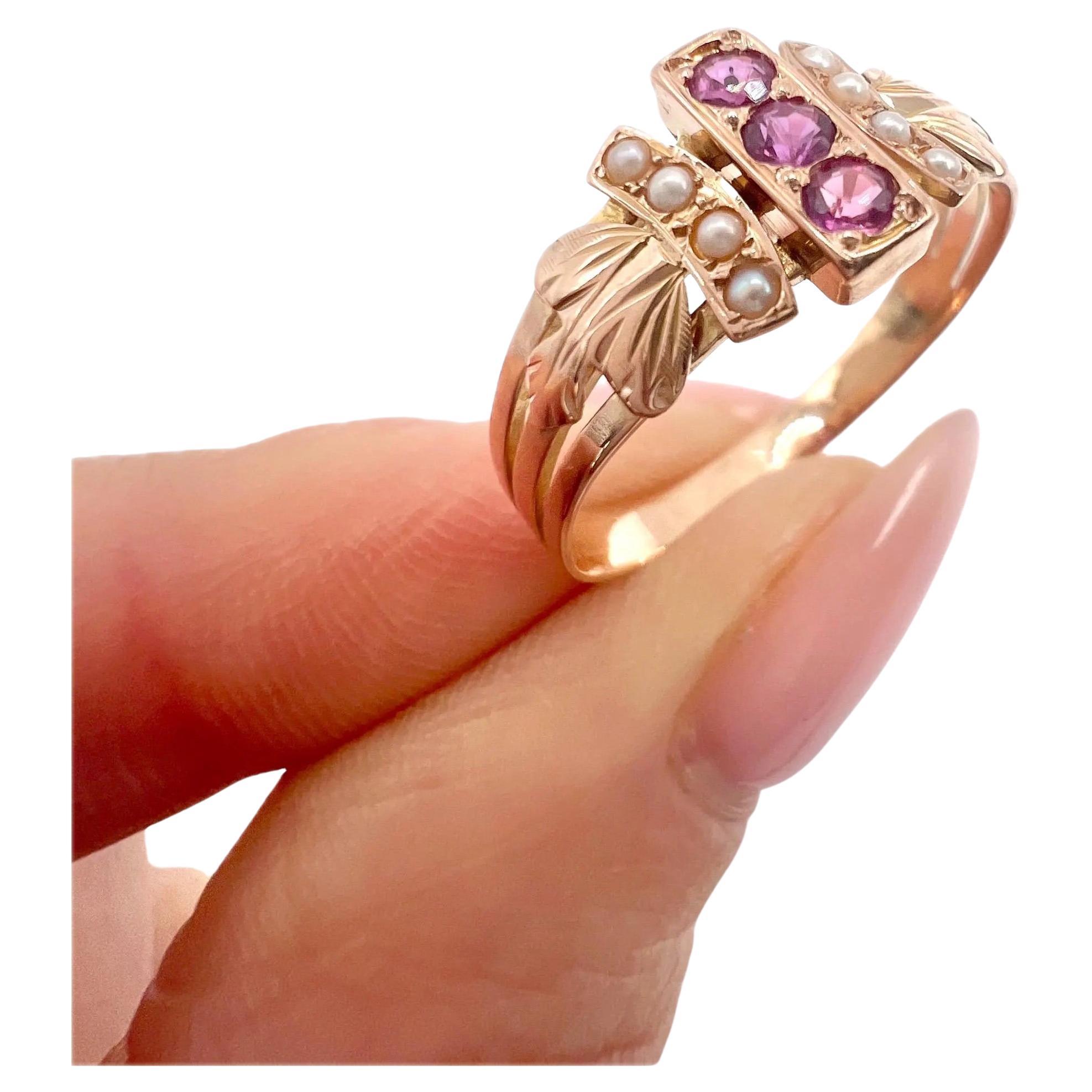 18ct Gold French Hallmarked, Edwardian Ruby & Pearl Ring with Feather shoulders