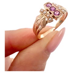 Antique 18ct Gold French Hallmarked, Edwardian Ruby & Pearl Ring with Feather shoulders