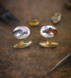 Deakin & Francis 18 Karat Yellow Gold Hand Painted Crystal Horses Head Cufflinks