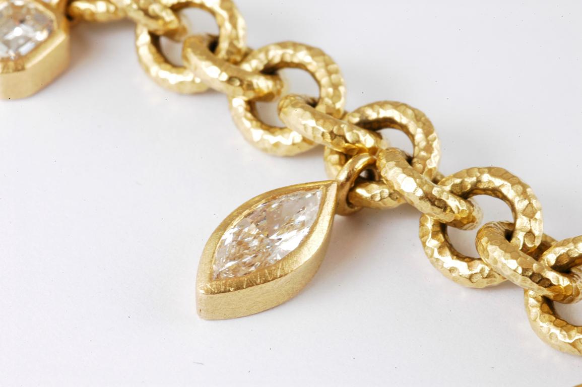 Radiant Cut 18 Carat Gold Handmade Chain with Mixed Cut Diamond Charms 1.70 Carat