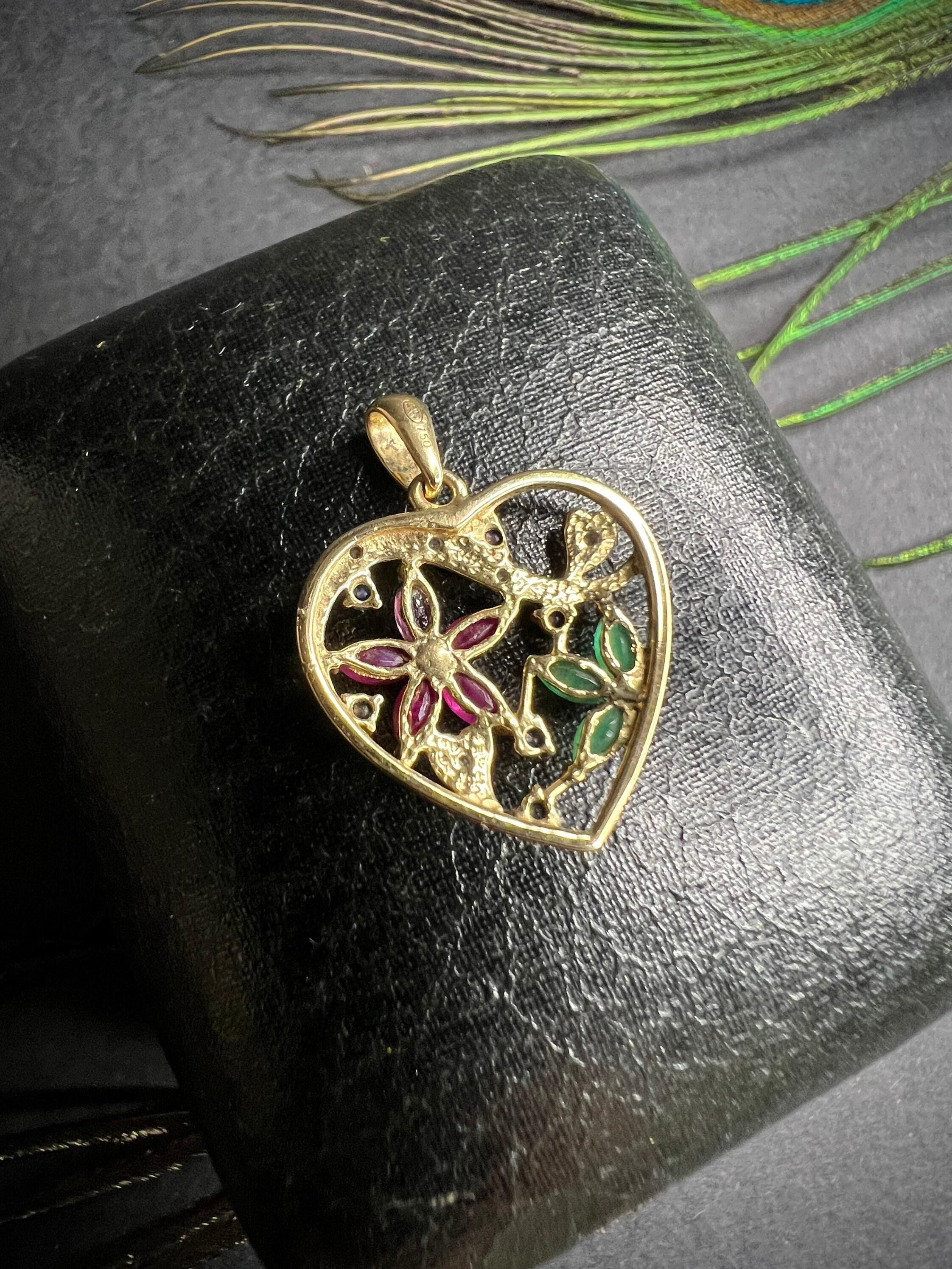 Marquise Cut 18ct Gold Heart  Floral Design Pendent, Set with Rubys Emeralds & Diamonds For Sale