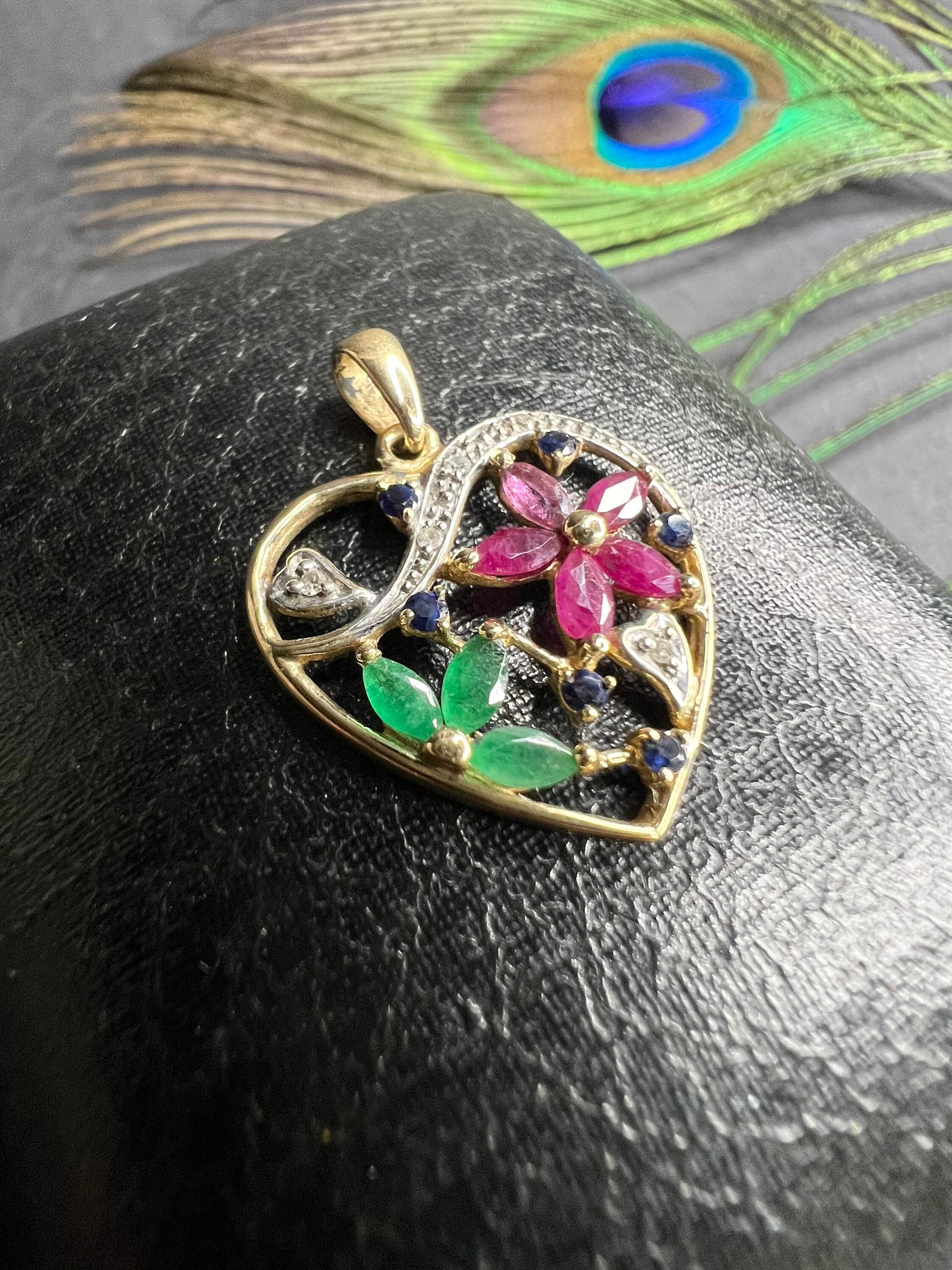 Women's or Men's 18ct Gold Heart  Floral Design Pendent, Set with Rubys Emeralds & Diamonds For Sale
