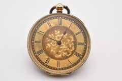 18ct Gold Highly Detailed Open Faced Pocket Watch gold Floral Dial Engraved Back