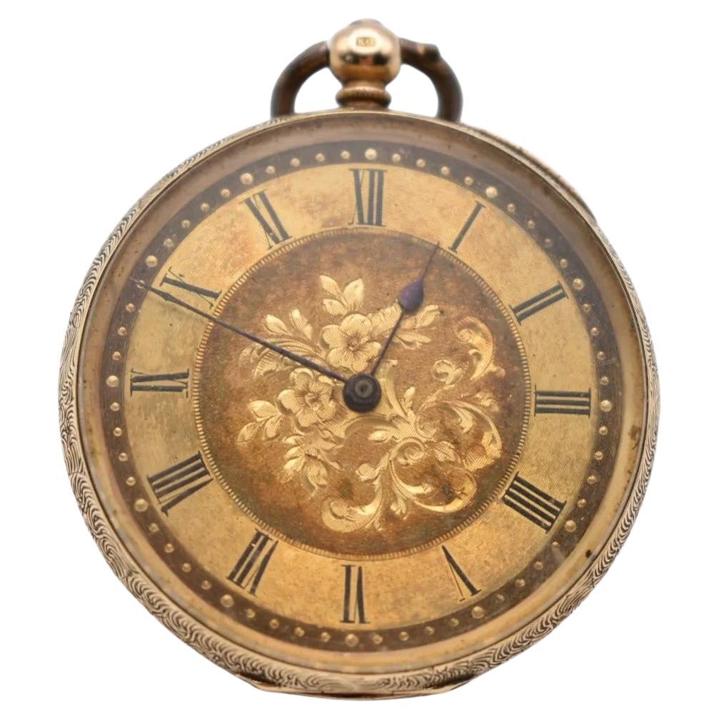 Reloj de bolsillo de oro de 18 ct con esfera abierta muy detallada Esfera floral dorada Fondo grabado en venta