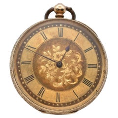 18ct Gold Highly Detailed Open Faced Pocket Watch gold Floral Dial Engraved Back