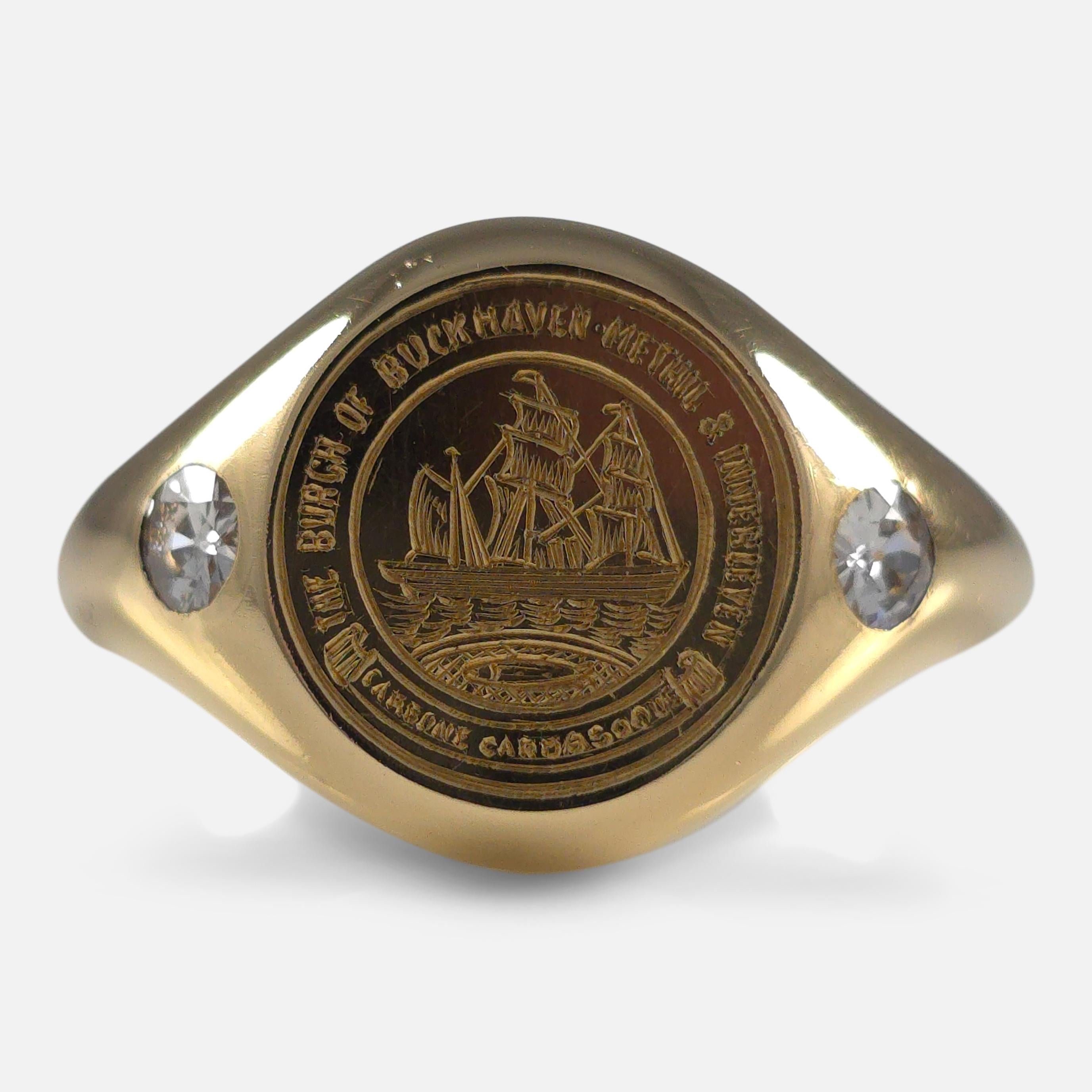 Round Cut 18ct Gold Intaglio Signet Ring with Diamonds, 1919 For Sale