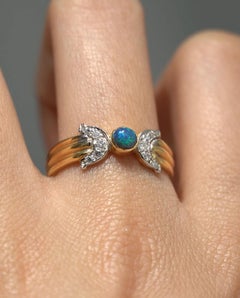 18ct Gold Lightning Ridge Australian Solid Black Opal & Diamond Bow Ring O / 7