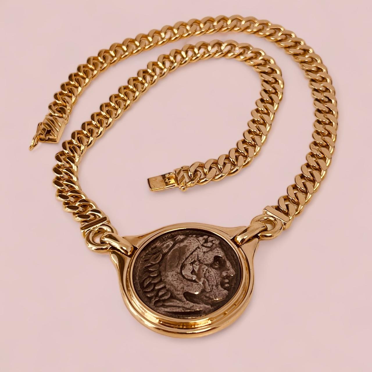 Women's 18ct Gold Link Necklace Centring A Reproduction Of An Antique Greek Silver Coin For Sale
